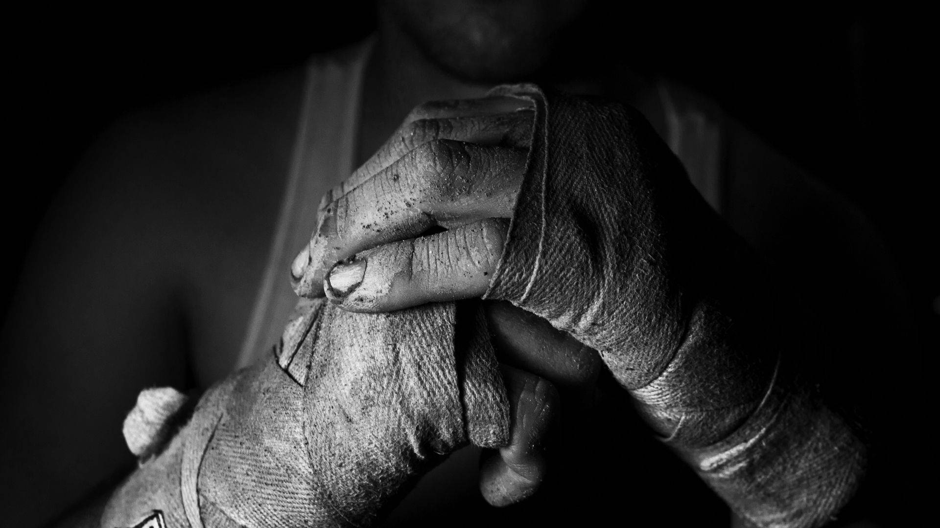 boxing hand wrap, black and white photo, fighter's hands, Full HD Desktop Wallpaper
