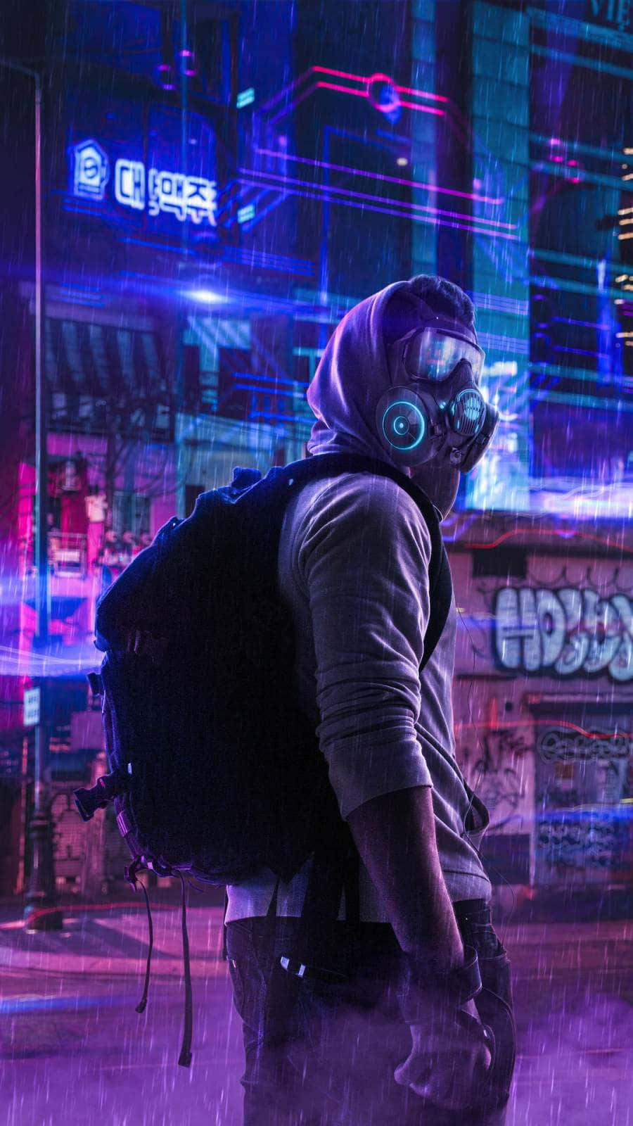 Boy Phone, glowing goggles, rain-slicked neon cyberpunk cityscape, HD Phone Wallpaper