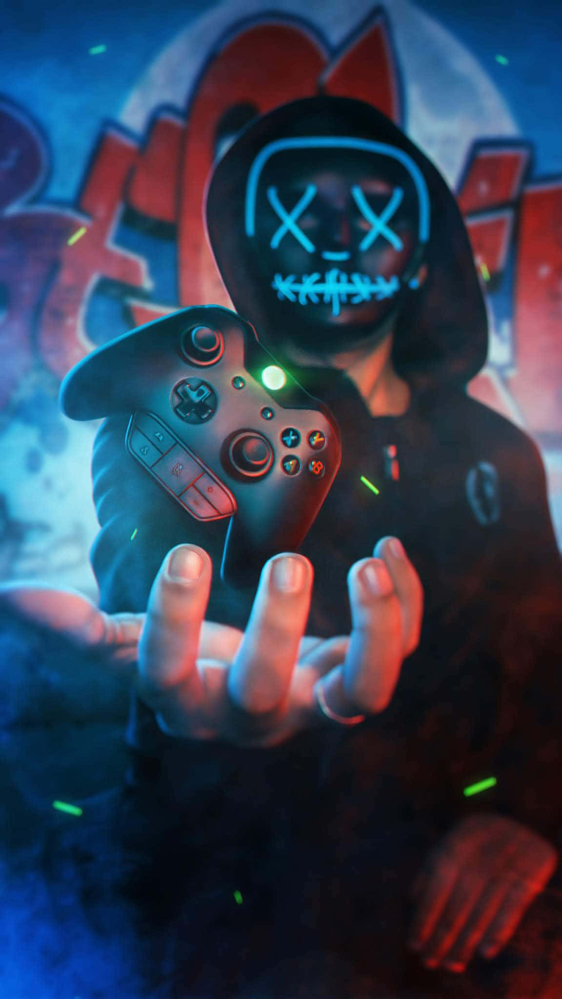 Boy Phone, glowing blue X-face mask, game controller, Full HD Phone Wallpaper