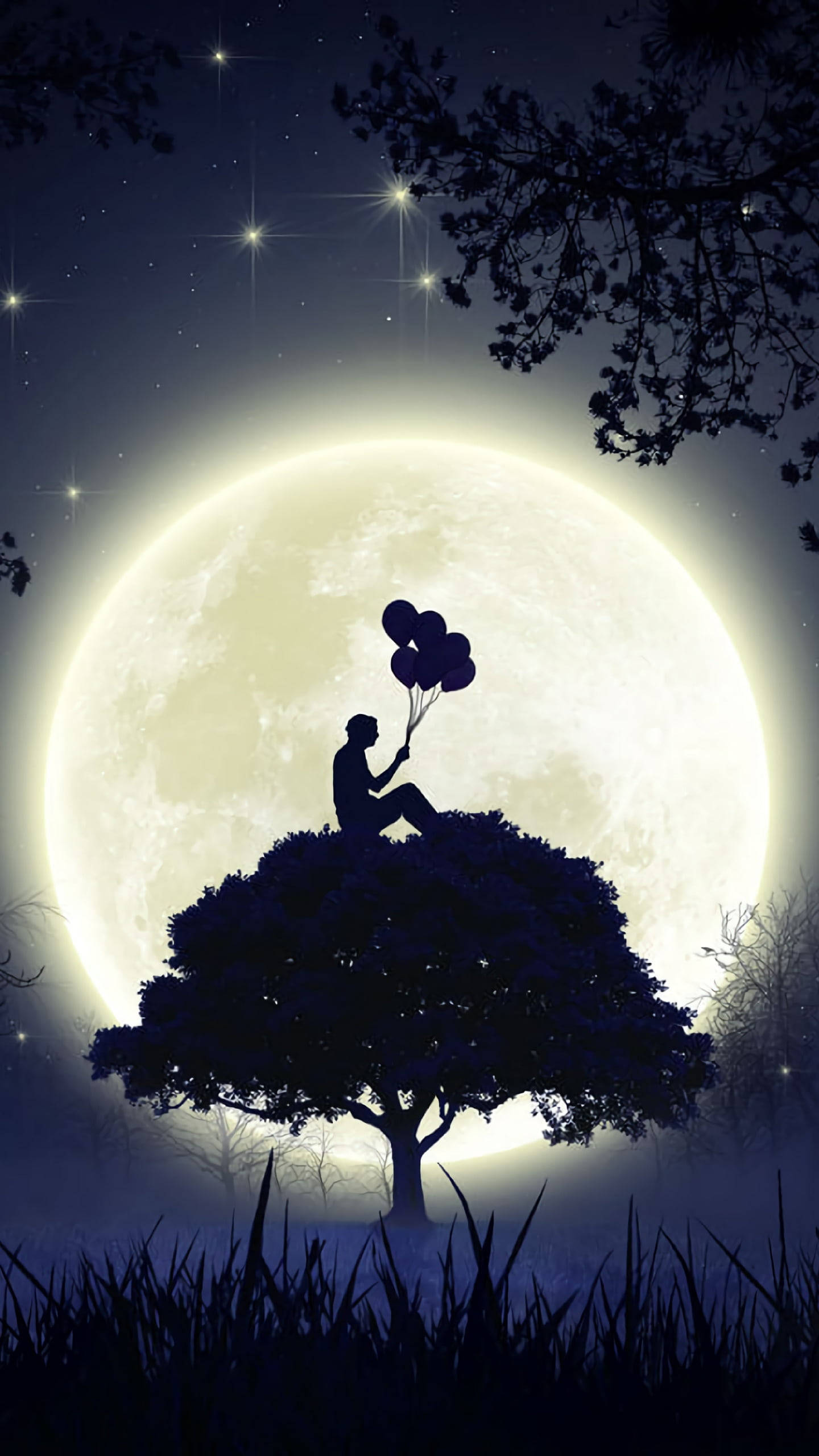 Boy Shadow, tree, full moon, 2K Phone Wallpaper