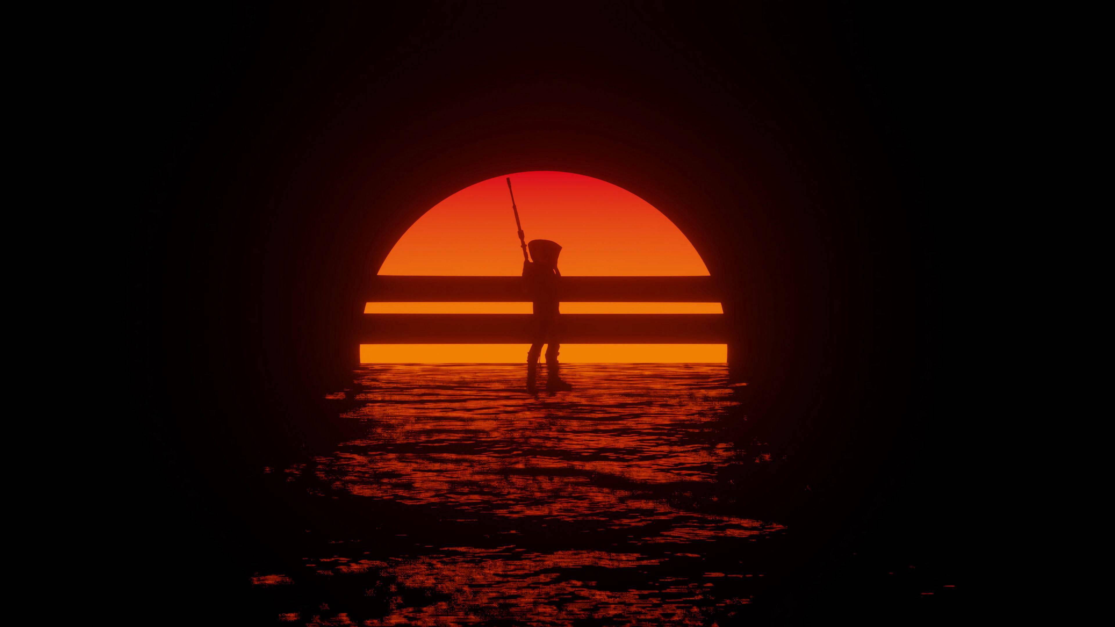 Boy Shadow, sunset, retrowave, 4K Desktop Wallpaper