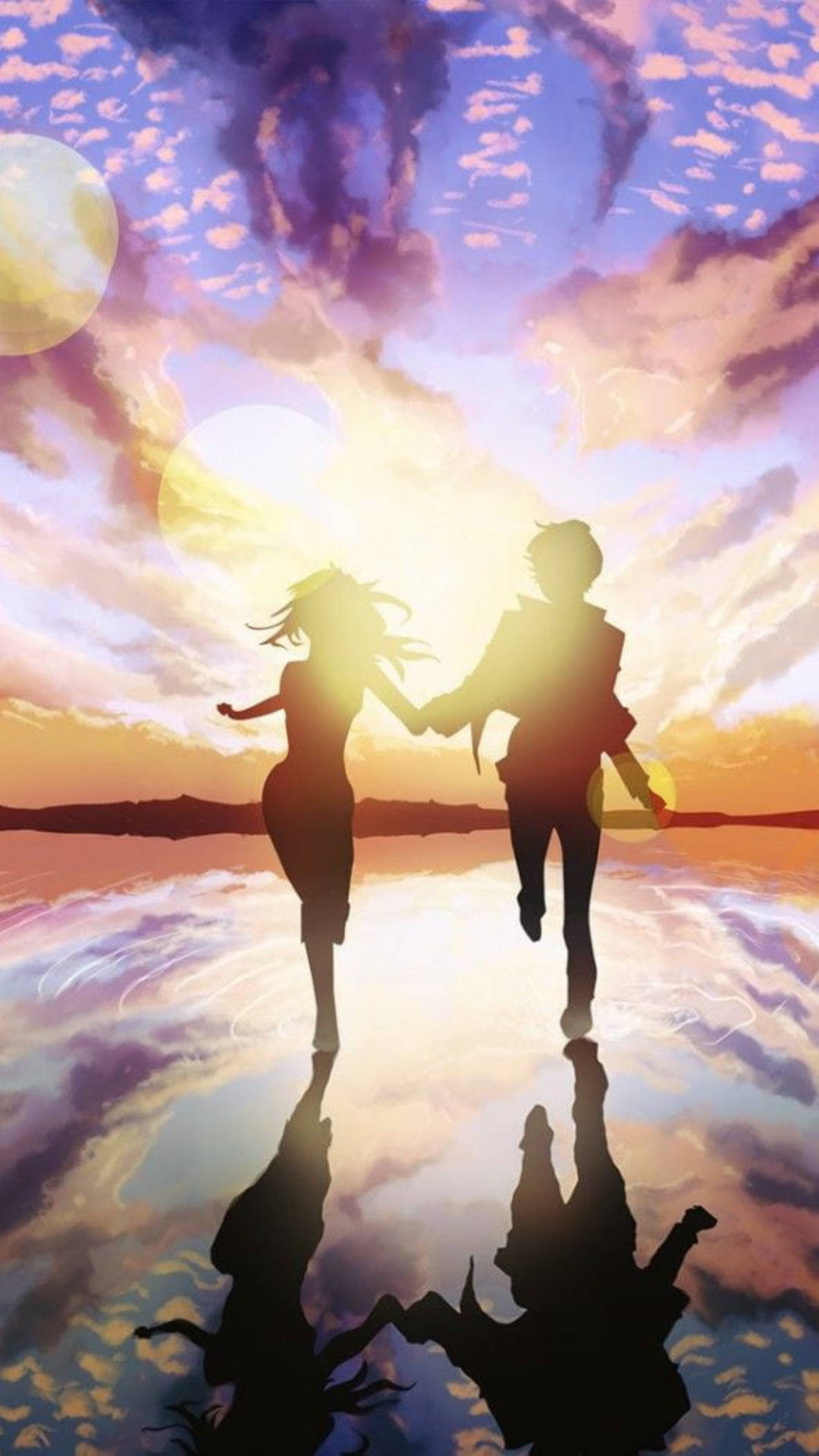 Anime Girl And Boy Shadow, silhouetted figures, reflective surface, Full HD Phone Wallpaper