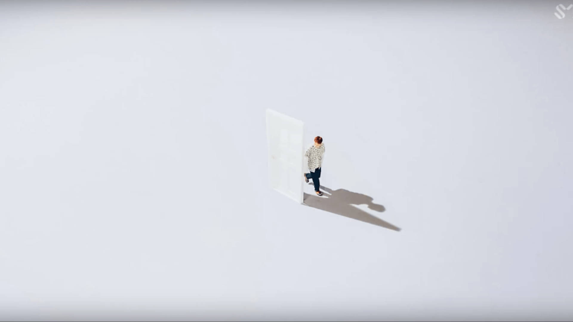 Boy Shadow, white door, endless minimalist white void, Full HD Desktop Wallpaper
