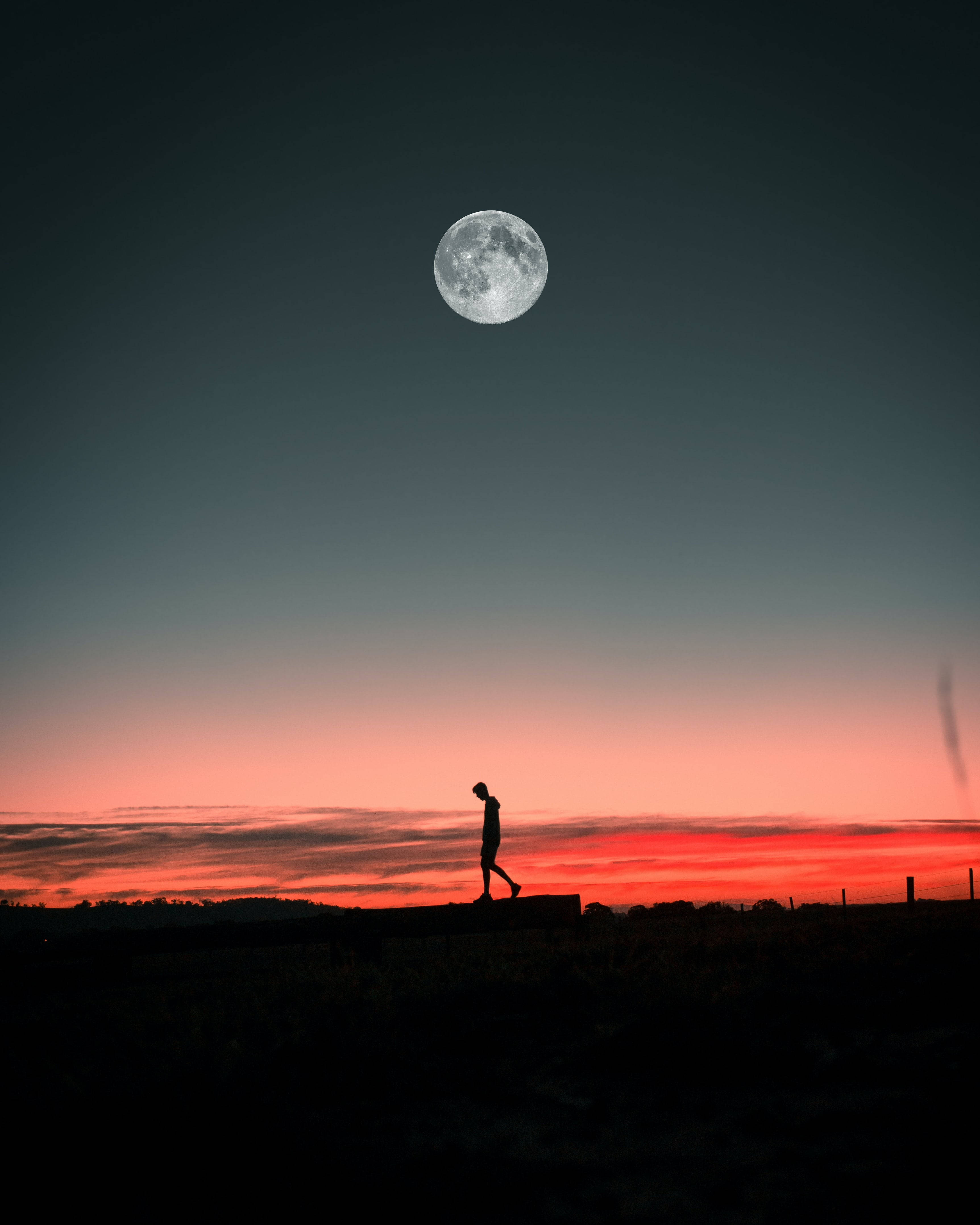 lone boy shadow, full moon, fiery sunset, 4K Phone Wallpaper