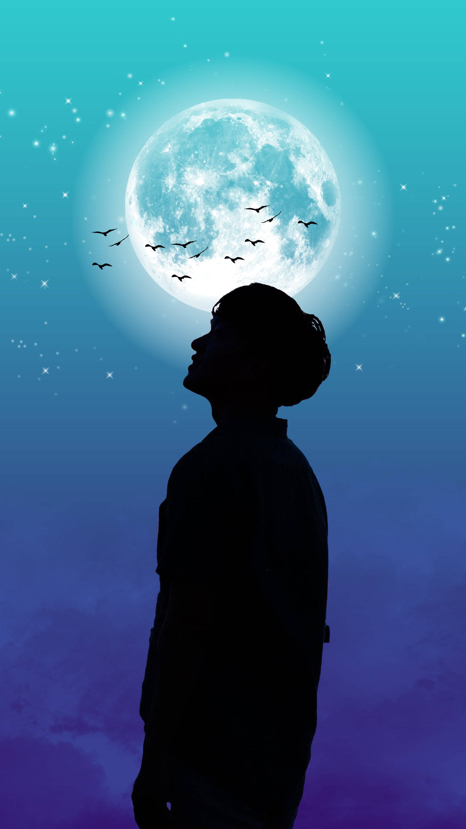 Boy Shadow, glowing full moon, starry twilight sky, 2K Phone Wallpaper