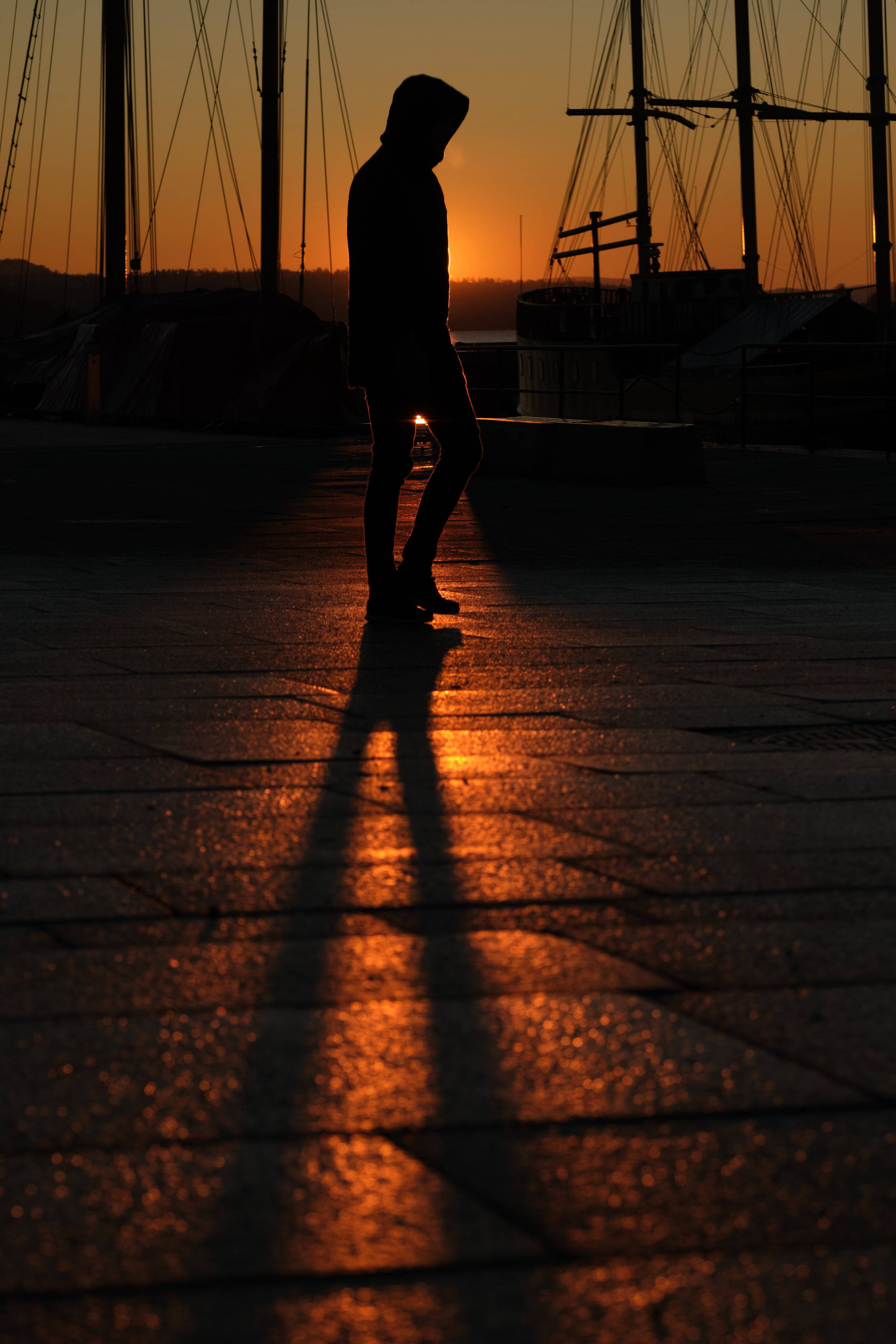 Boy Shadow, hooded figure, wet dock, 4K Phone Wallpaper