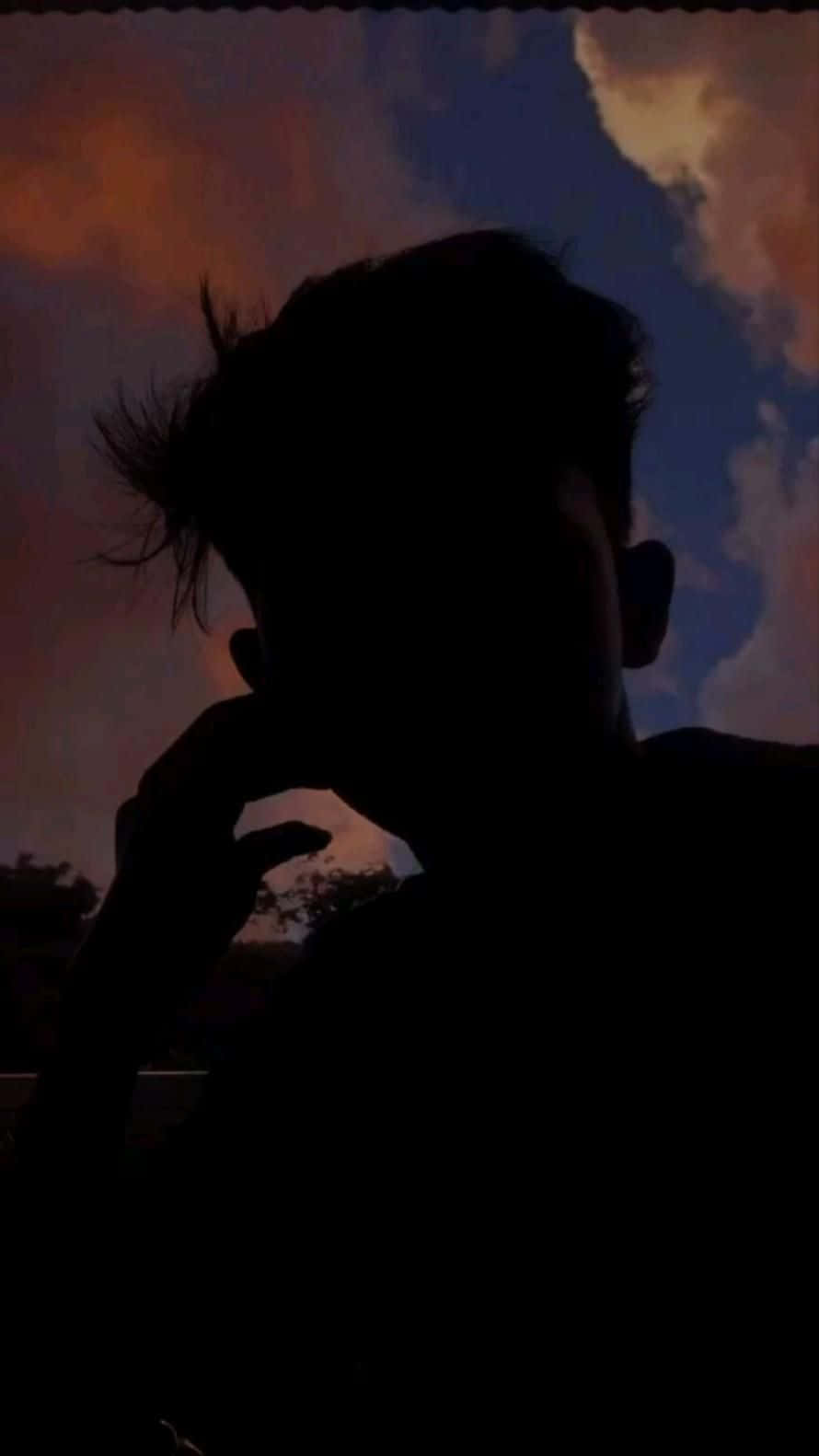 Boy Shadow, twilight sky, fiery orange clouds, HD Phone Wallpaper