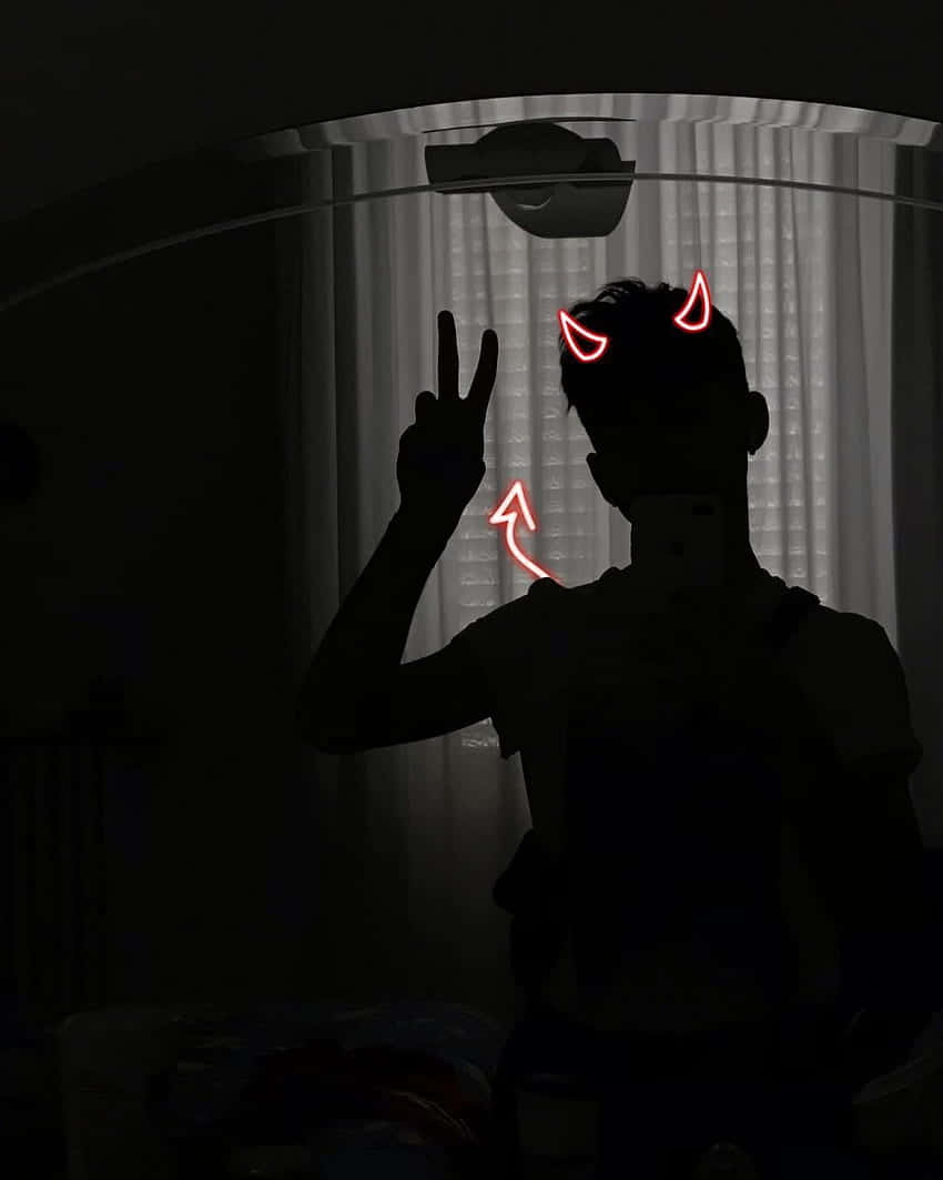 Demon Selfie Shadow PFP, glowing red devil horns, peace sign, SD Phone Wallpaper