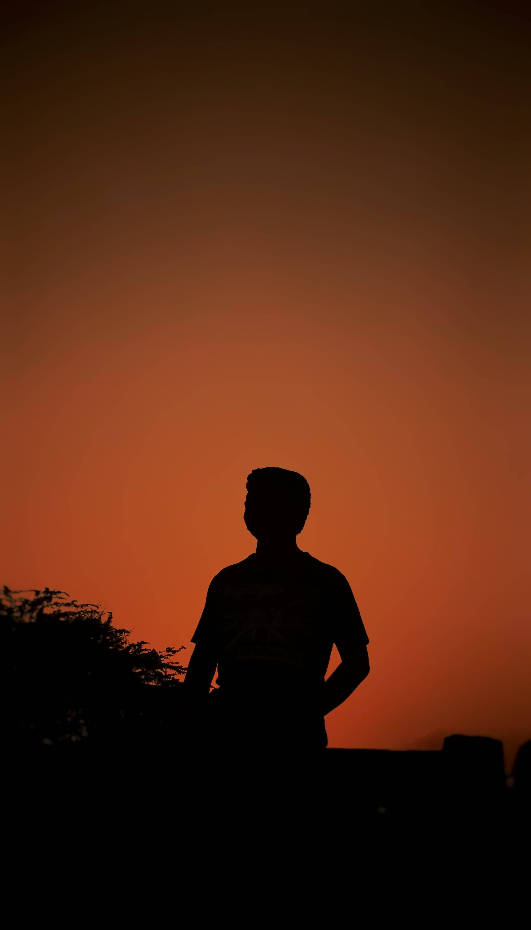 Boy, orange sunset sky, silhouette, 2K Phone Wallpaper