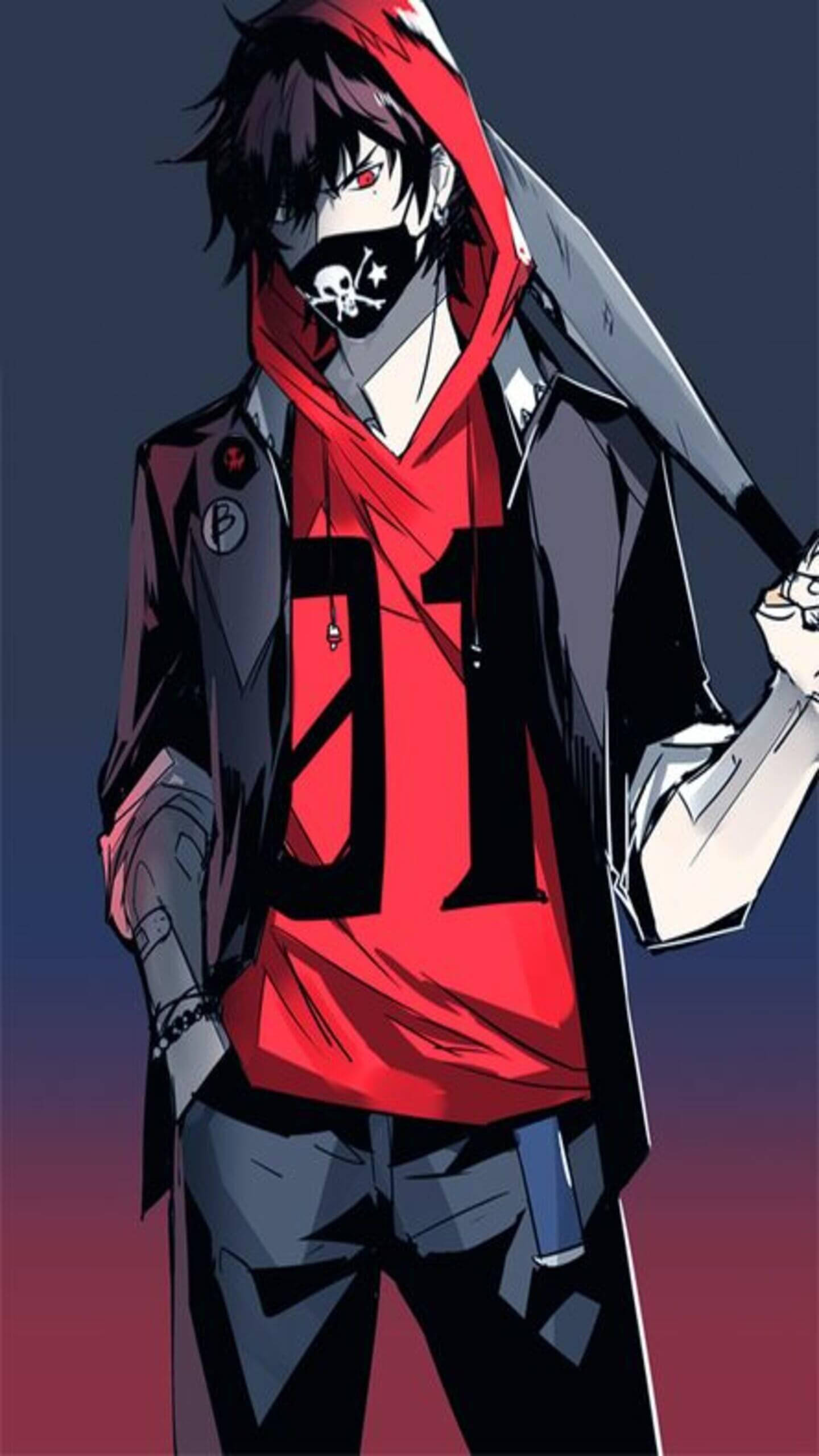 anime, gangster boy, red hoodie, 2K Phone Wallpaper