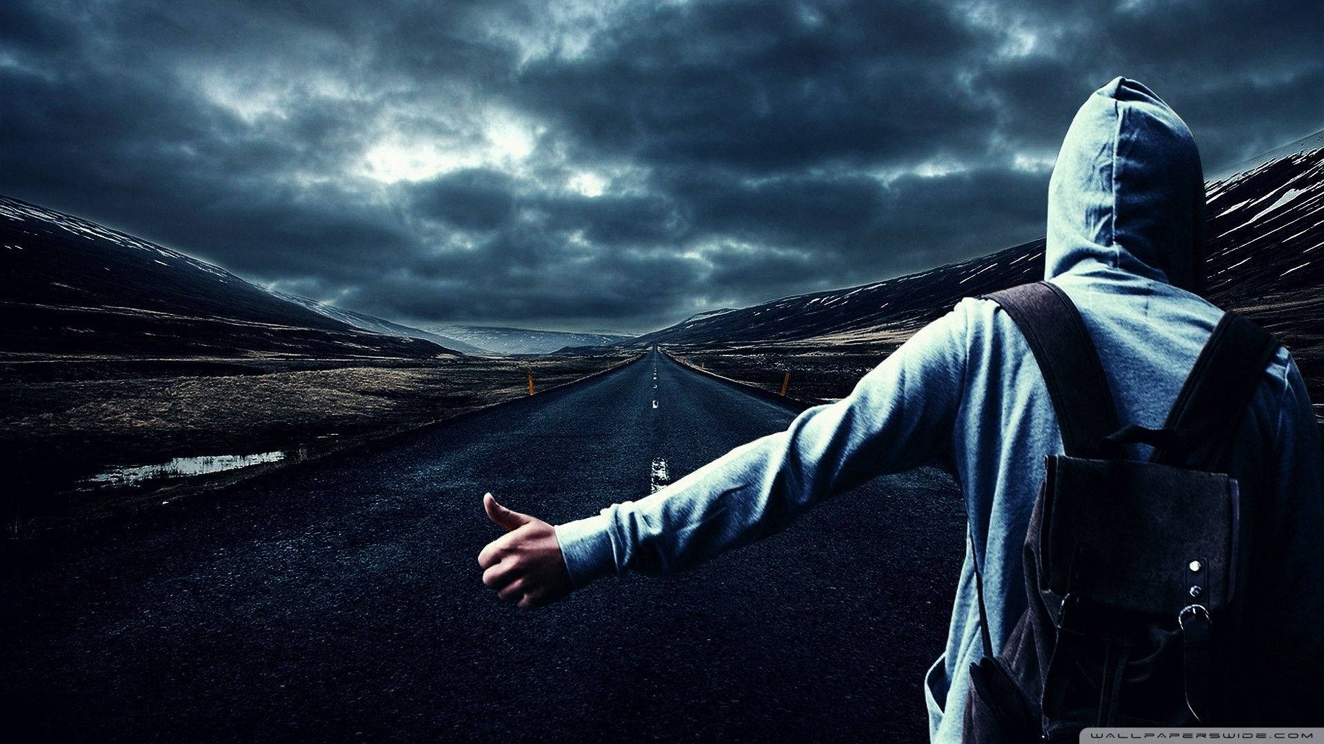 hooded traveler, backpack, lone road, Full HD Desktop Wallpaper