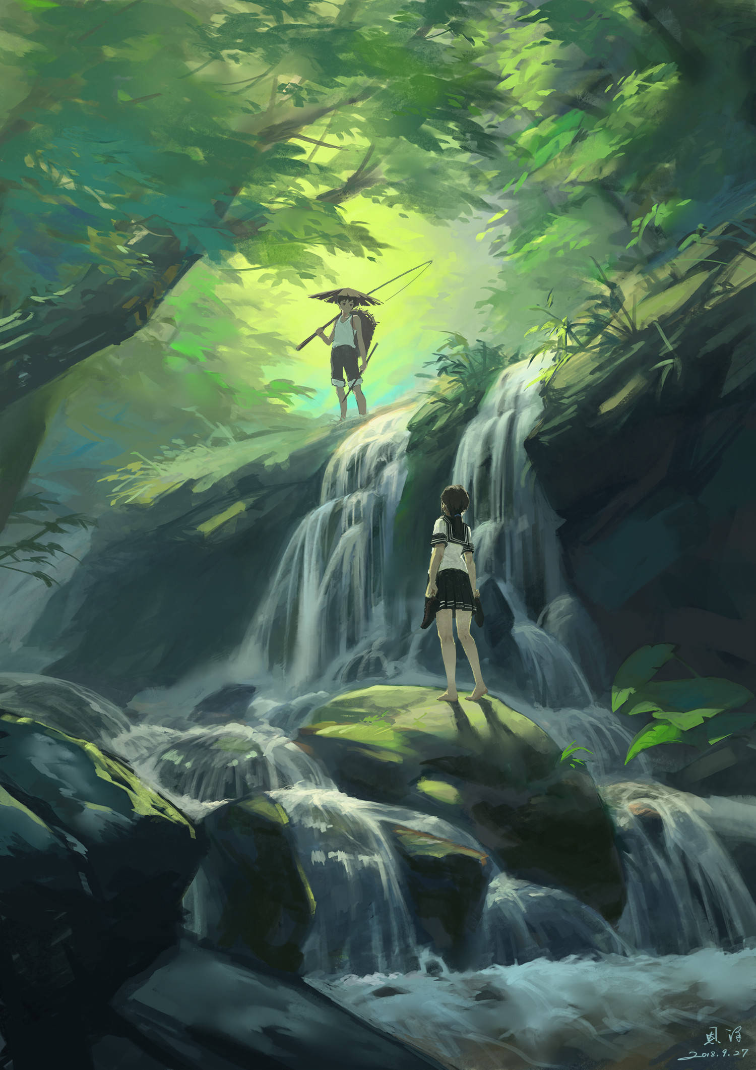 waterfall, mossy rock, umbrella, Full HD Phone Wallpaper