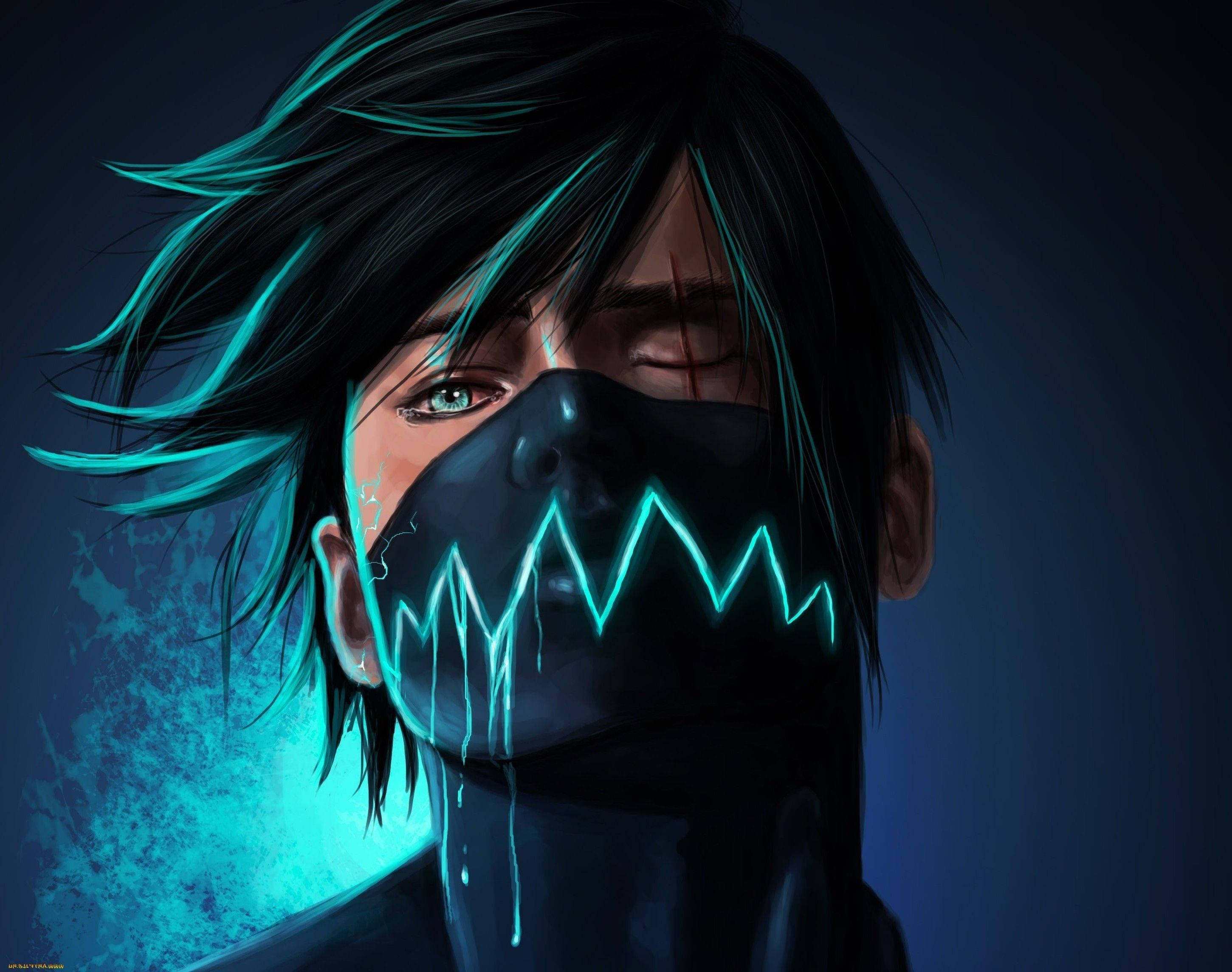 anime boy, neon blue mask, glowing cyan lightning streaks, 2K Desktop Wallpaper