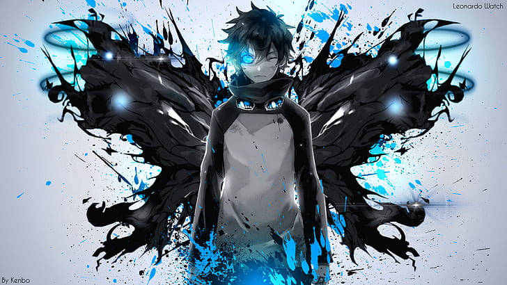 anime boy, alien wings, glowing blue eyes, SD Desktop Wallpaper