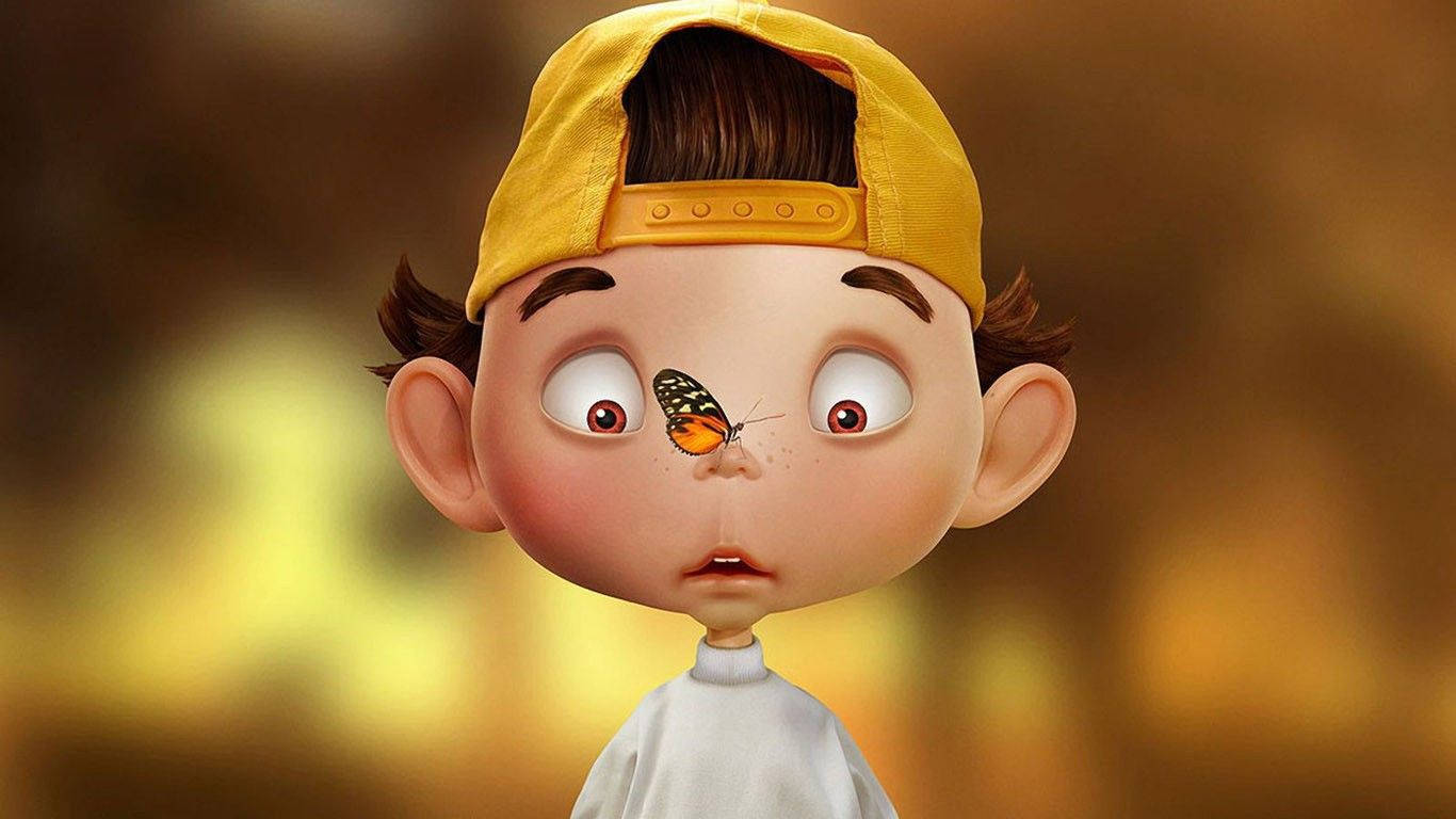 young boy, yellow cap, colorful butterfly, HD Desktop Wallpaper