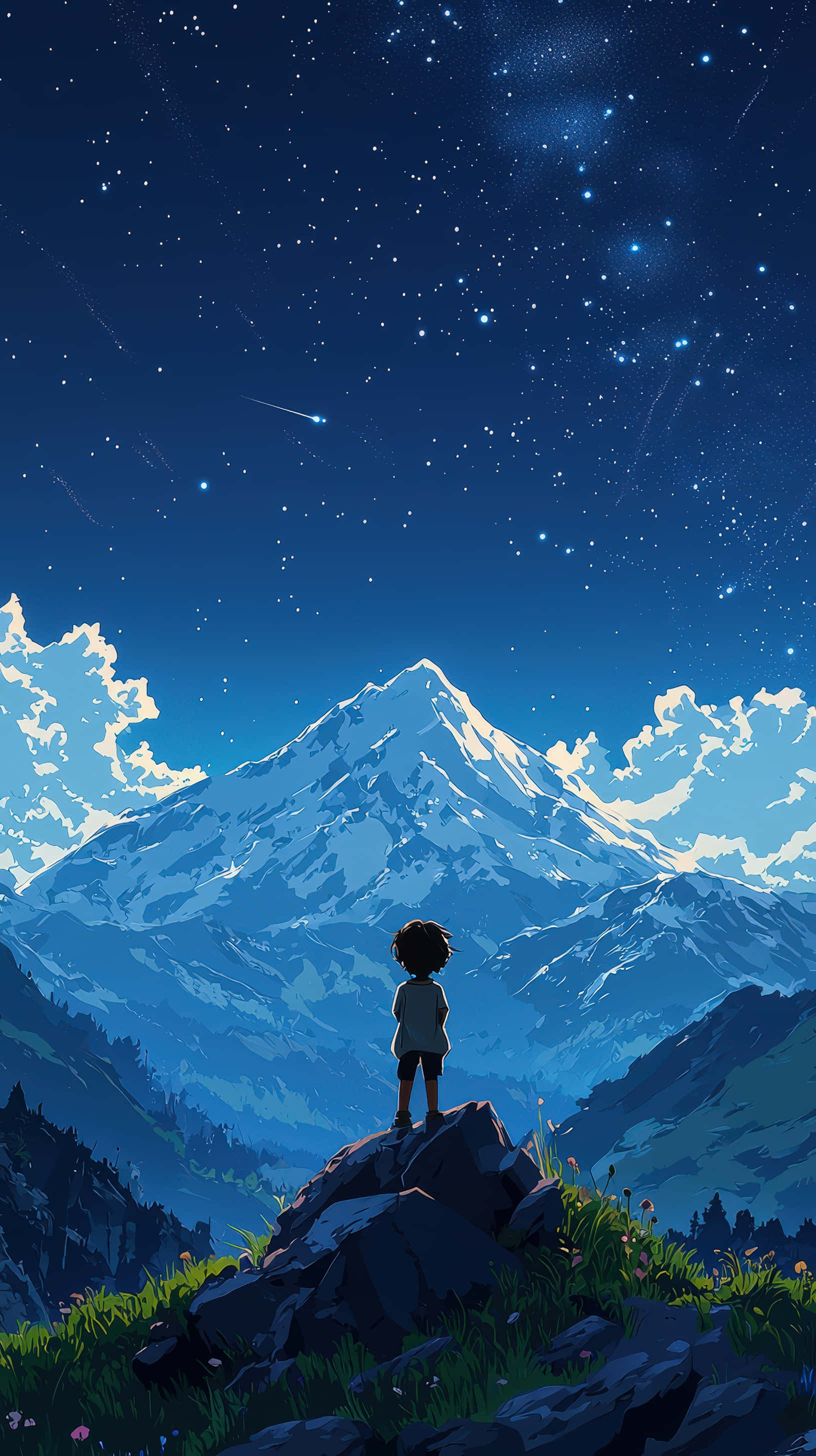 anime boy, mountain, starry night sky, 2K Phone Wallpaper