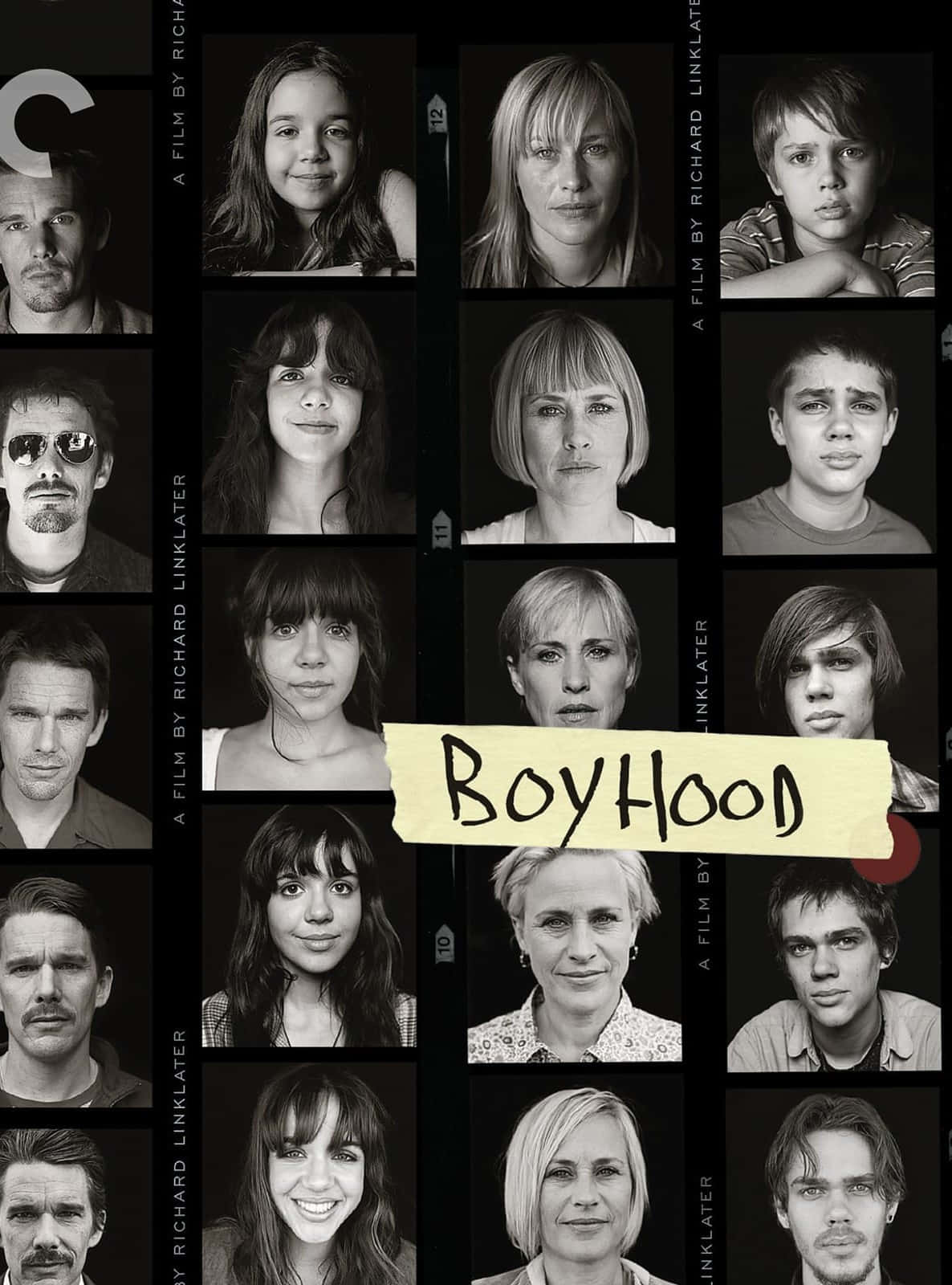 Boyhood, black and white film poster, grid of actors' faces, HD Phone Wallpaper