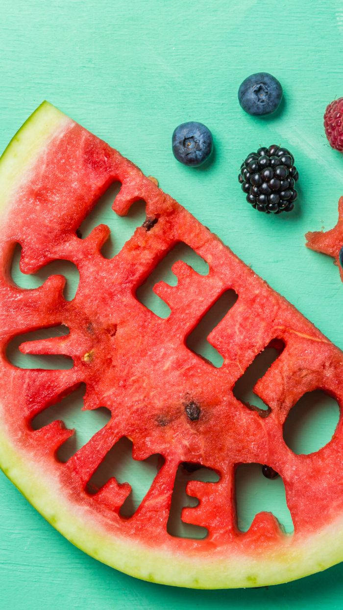 Boysenberry Watermelon Fruit Art, HELLO SUMMER, teal wooden surface, SD Phone Wallpaper