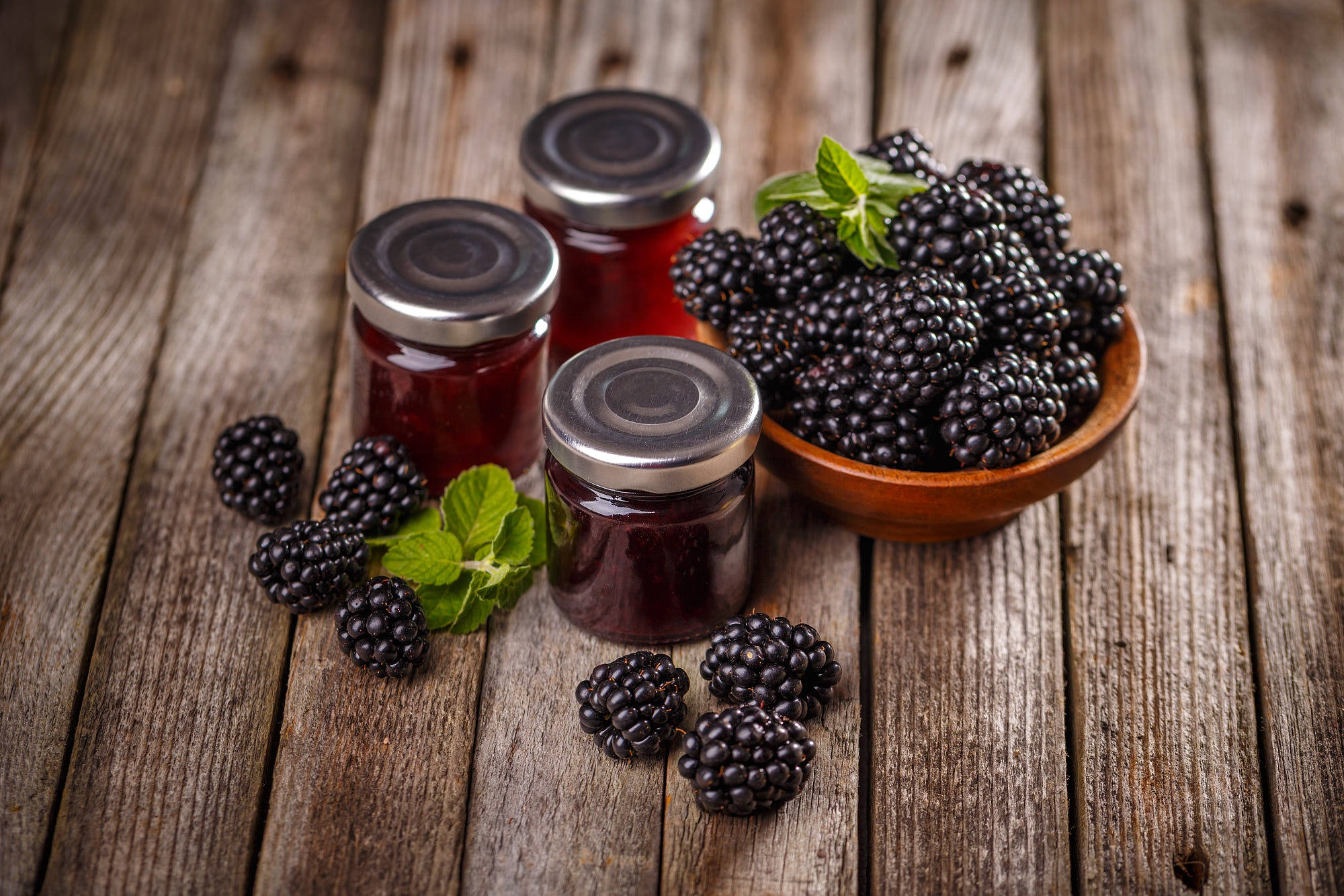 boysenberry jam, glass jar, wooden bowl, Full HD Desktop Wallpaper