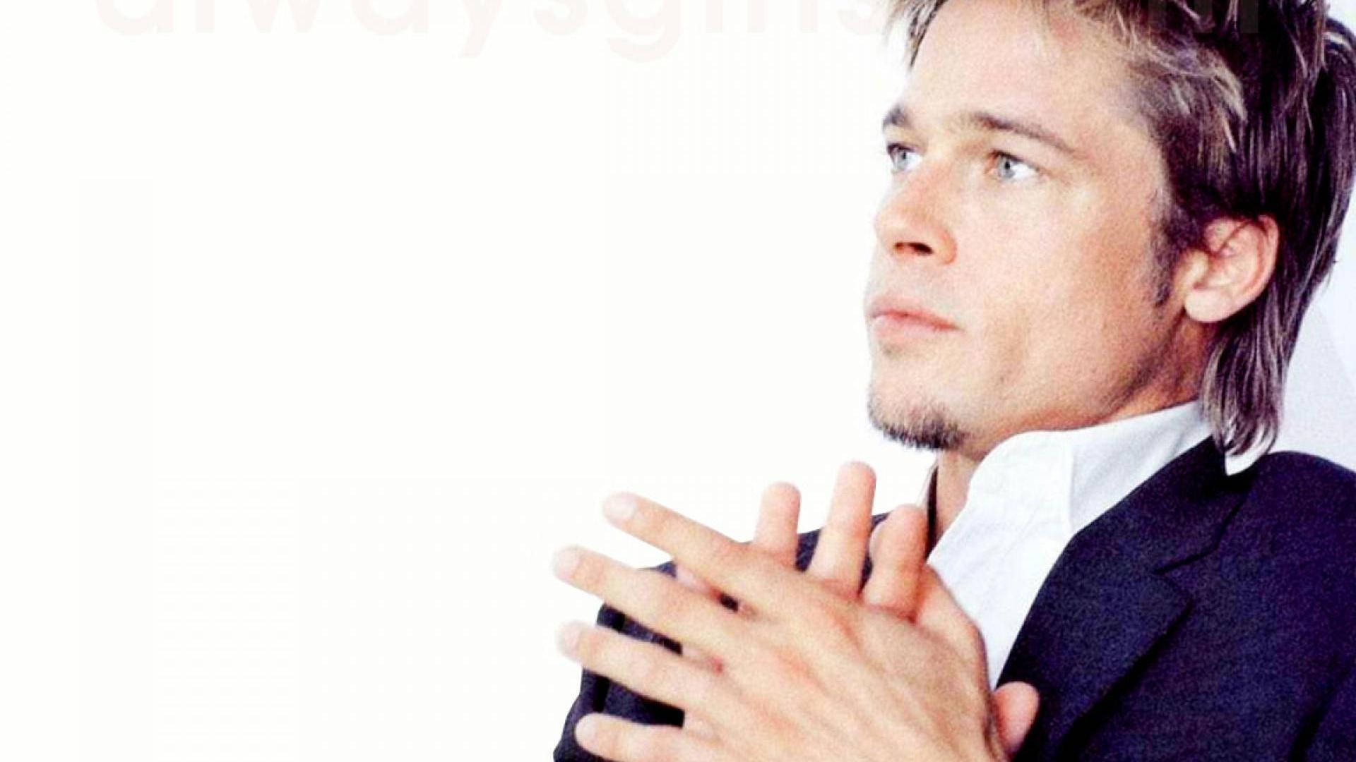 Brad Pitt, dark suit, hands clasped, Full HD Desktop Wallpaper