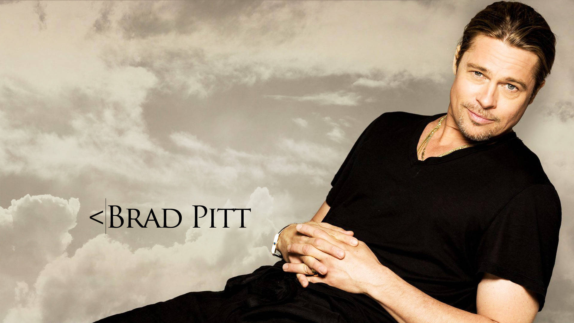 Brad Pitt, cloudy sky, black shirt, Full HD Desktop Wallpaper