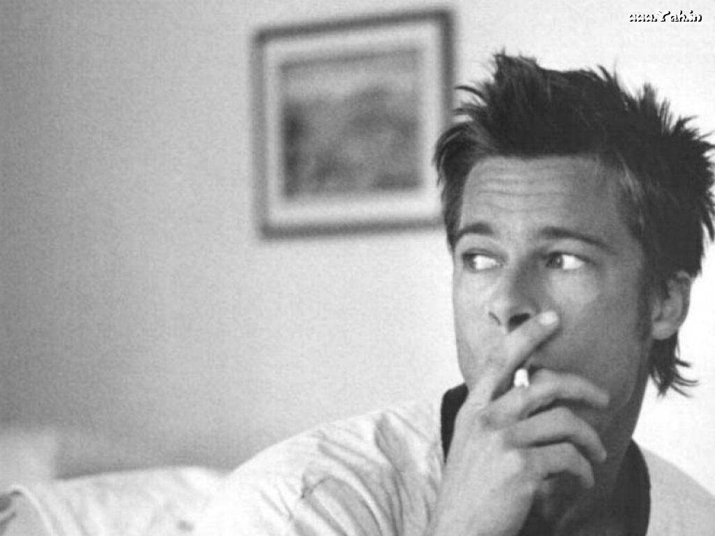 Brad Pitt, black and white portrait, tousled hair, SD Desktop Wallpaper