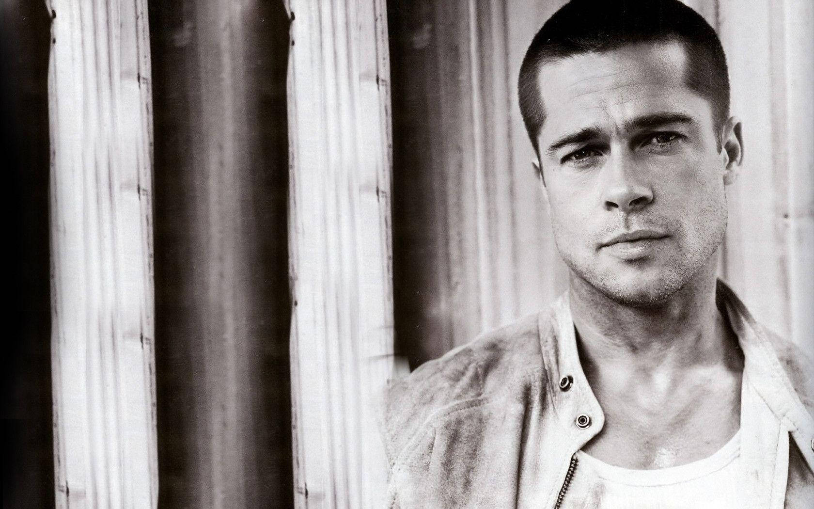 Brad Pitt, buzz cut, black and white portrait, HD Desktop Wallpaper