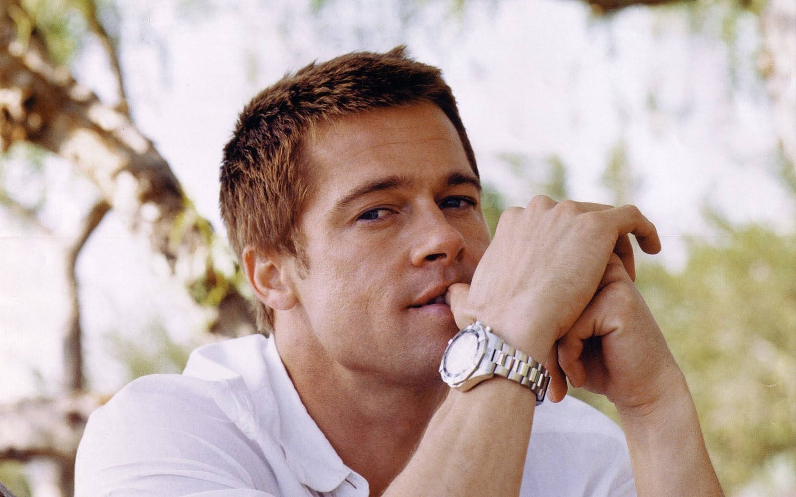 Brad Pitt, white shirt, dappled sunlight, HD Desktop Wallpaper