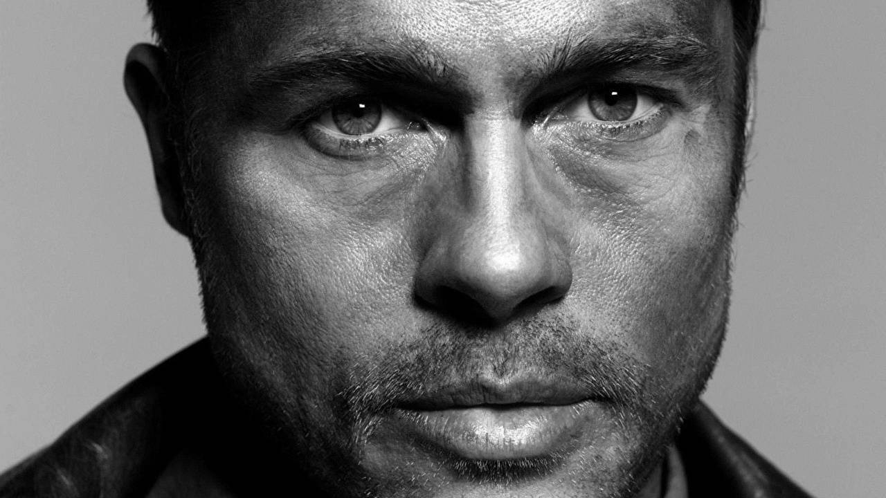 Brad Pitt, black and white, close-up portrait, HD Desktop Wallpaper
