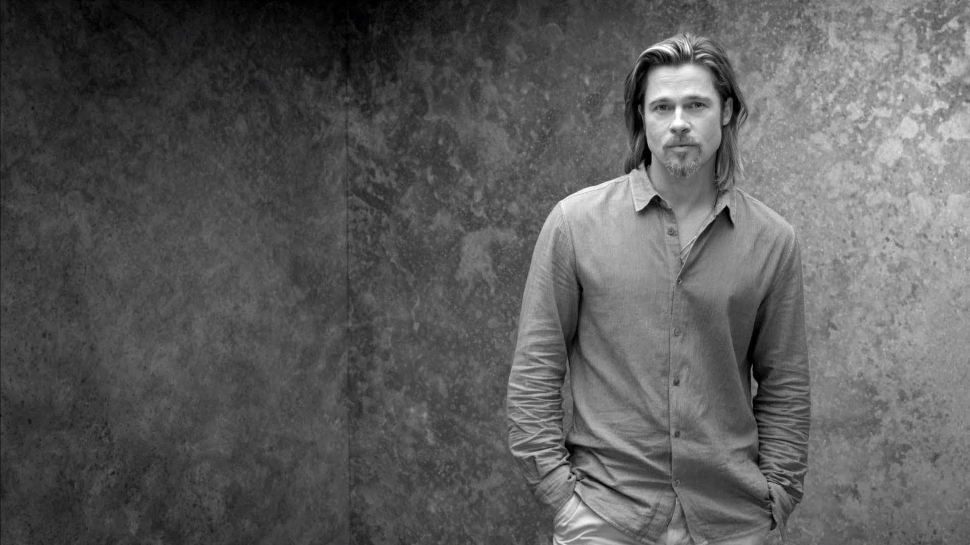Brad Pitt, grayscale headshot, monochrome portrait, Full HD Desktop Wallpaper