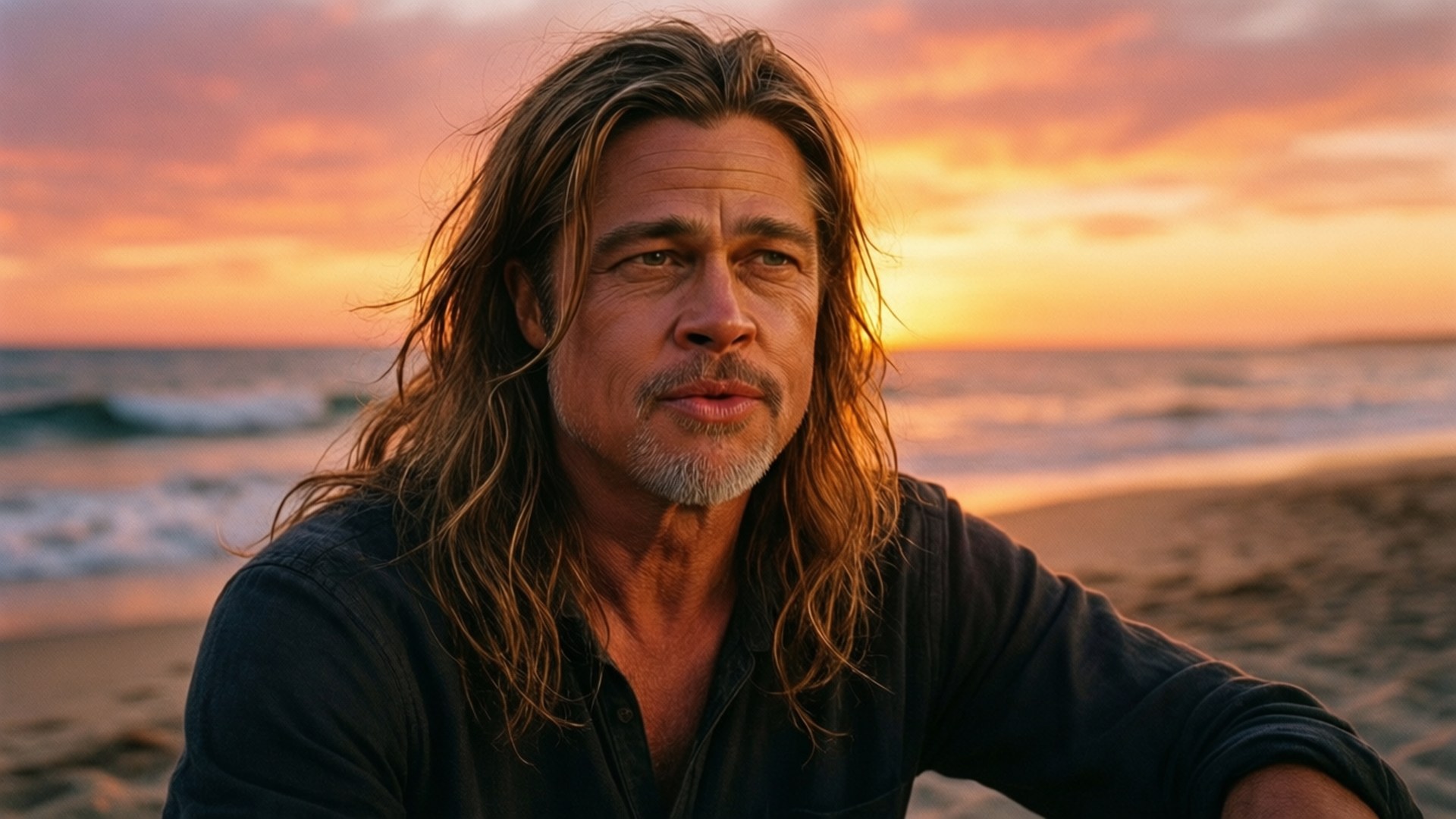 Brad Pitt, beach, sunset, Full HD Desktop Wallpaper