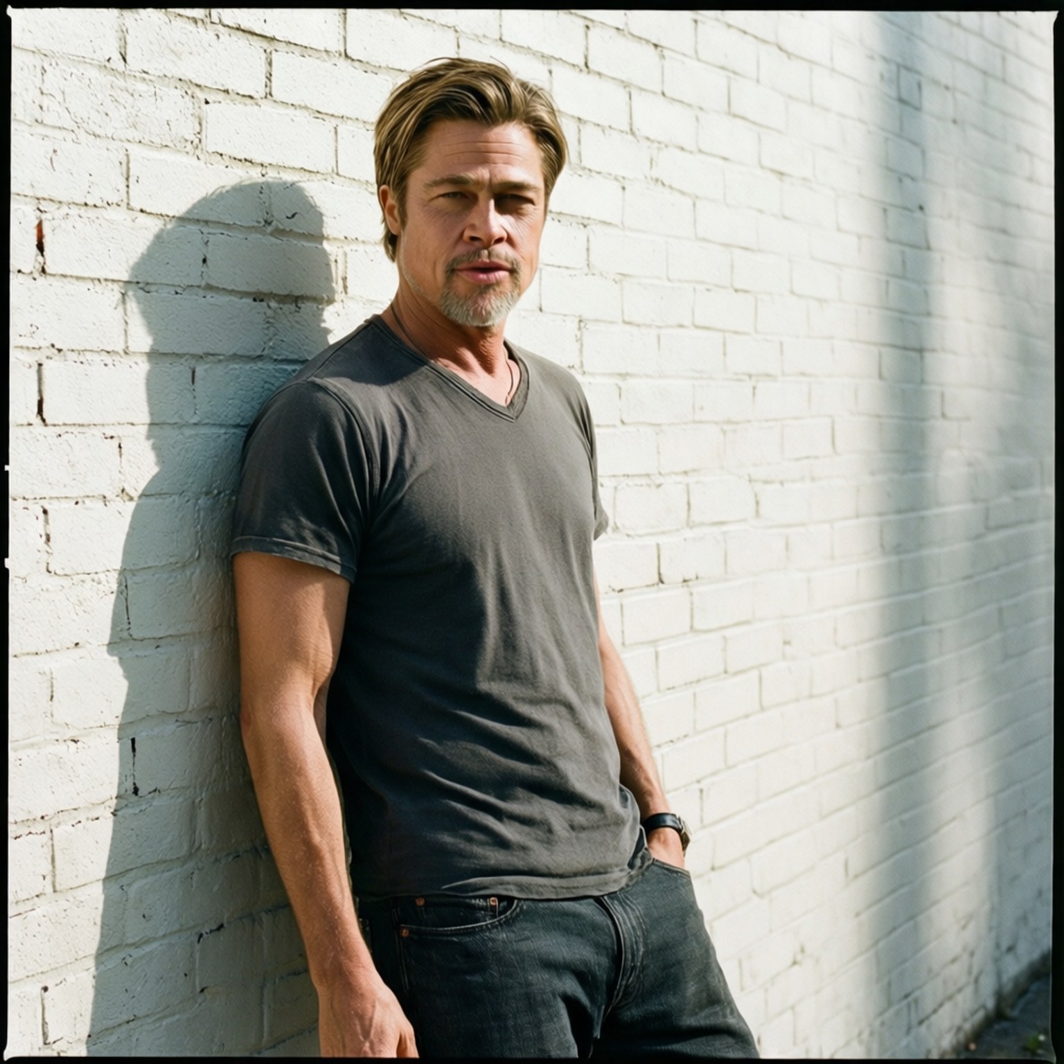 Brad Pitt, sunlit white brick wall, dark gray t-shirt, HD Desktop Wallpaper