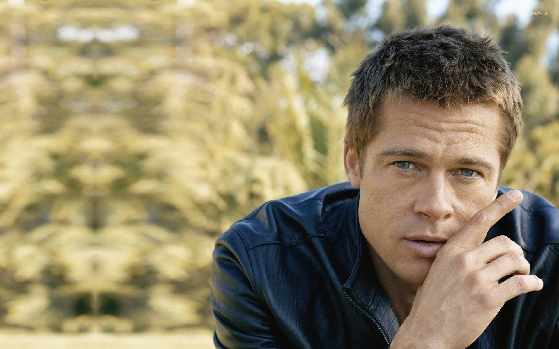 Brad Pitt, blue eyes, dark leather jacket, Full HD Desktop Wallpaper