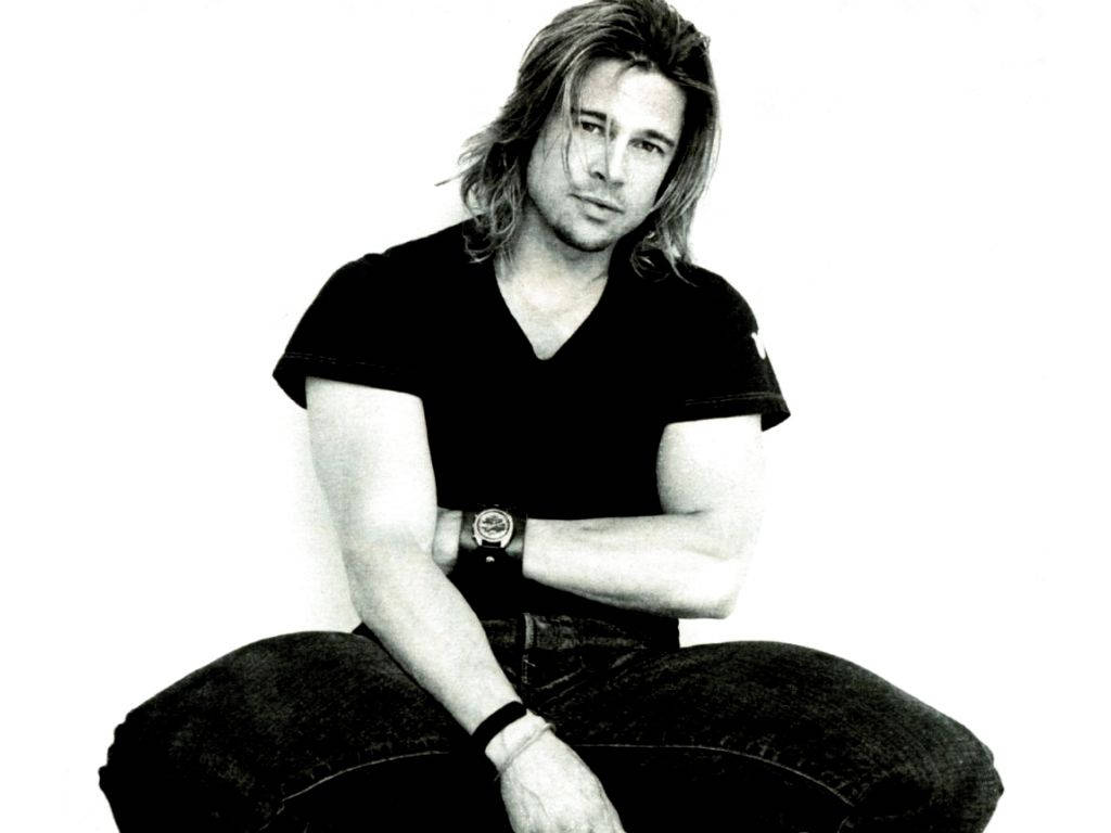 Brad Pitt, long hair, black and white portrait, SD Desktop Wallpaper