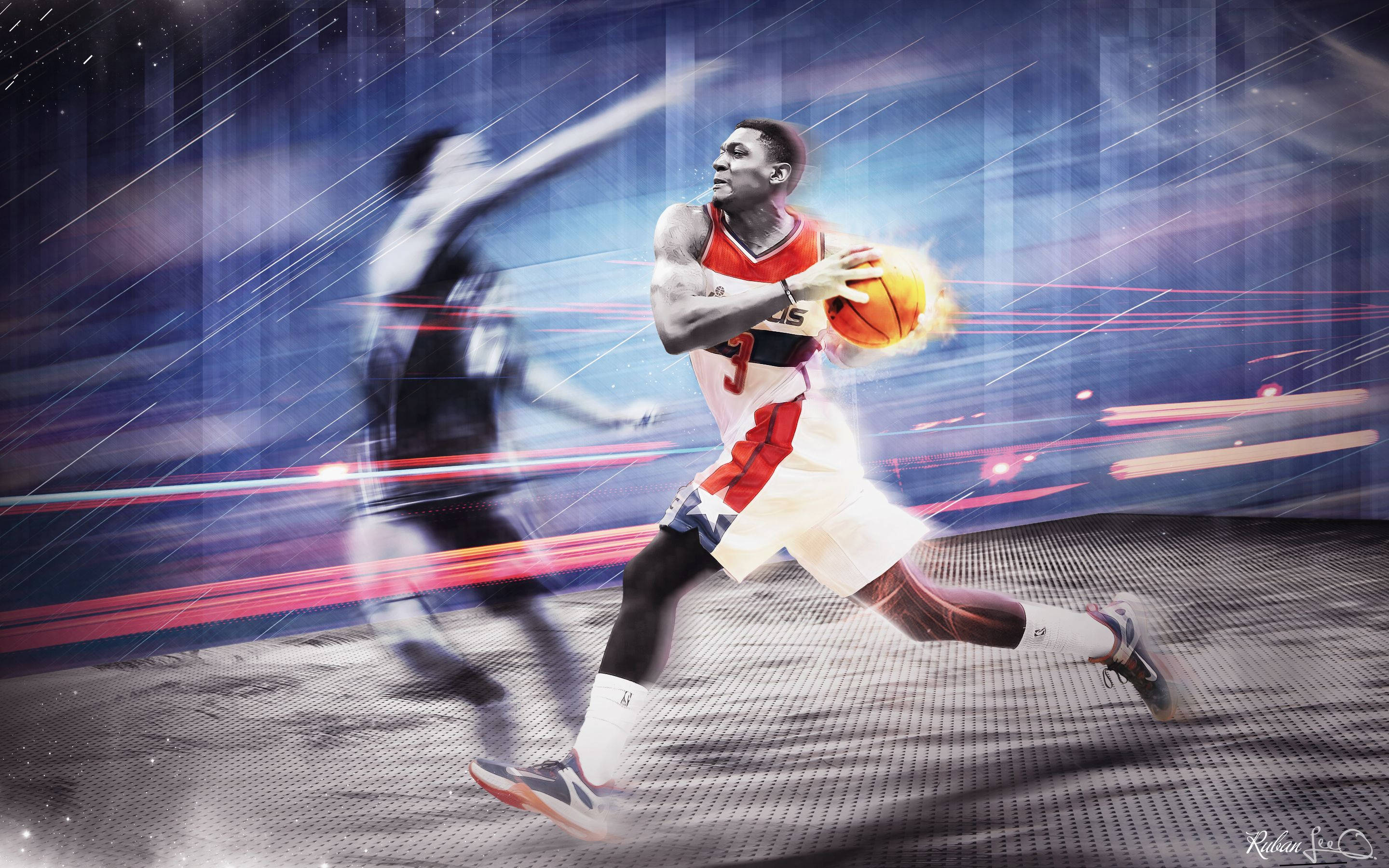 Bradley Beal, red and white jersey, fiery motion blur, 2K Desktop Wallpaper