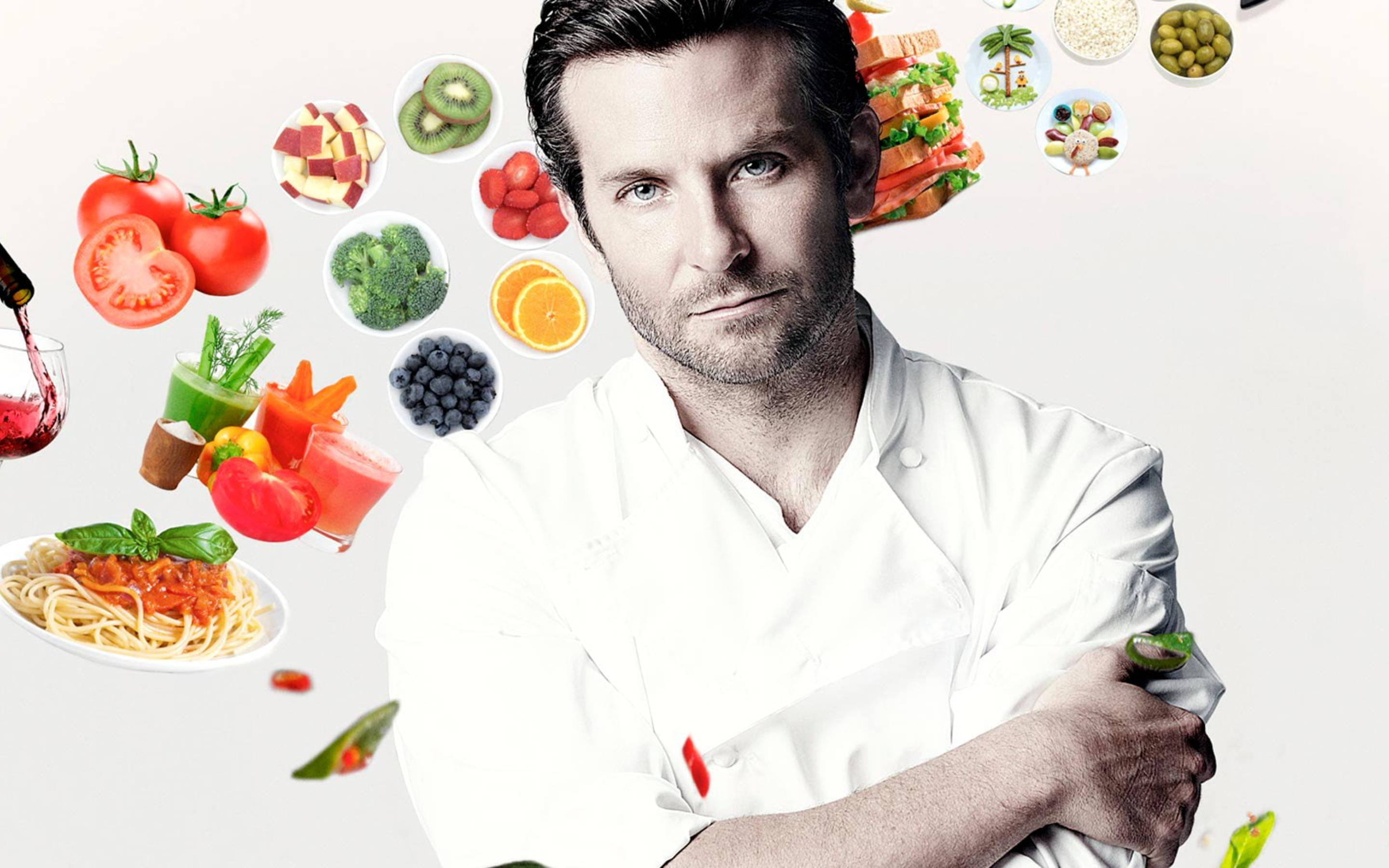 Bradley Cooper, white coat, vibrant fresh ingredients, 2K Desktop Wallpaper
