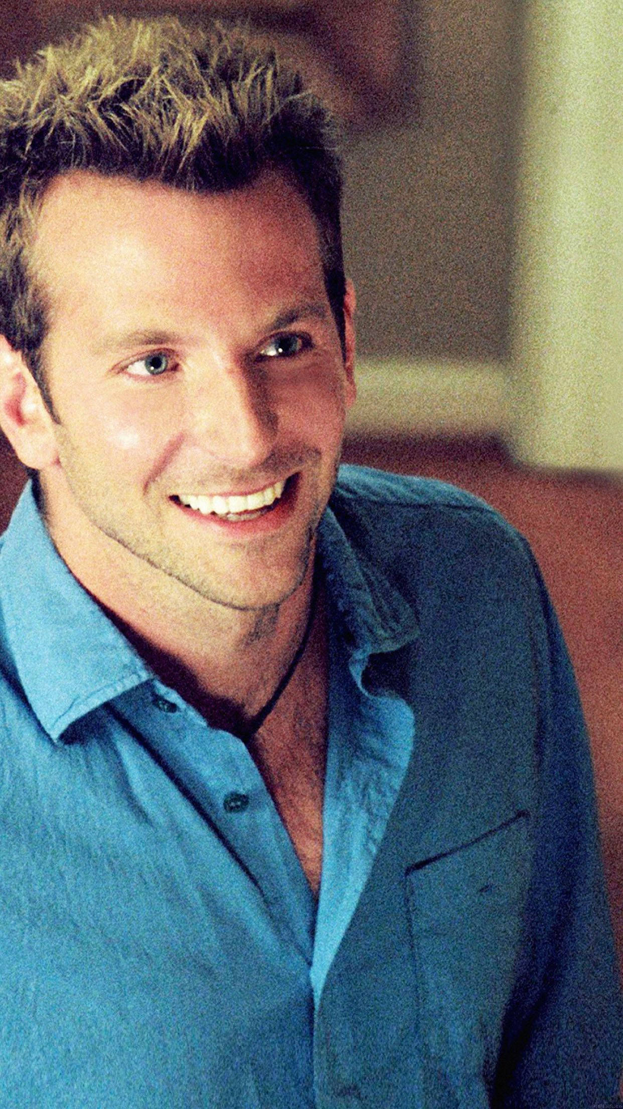 Bradley Cooper, blue denim polo, spiky hair, Full HD Phone Wallpaper