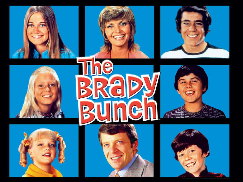 Brady Bunch, blue portraits, bold red title, SD Desktop Wallpaper