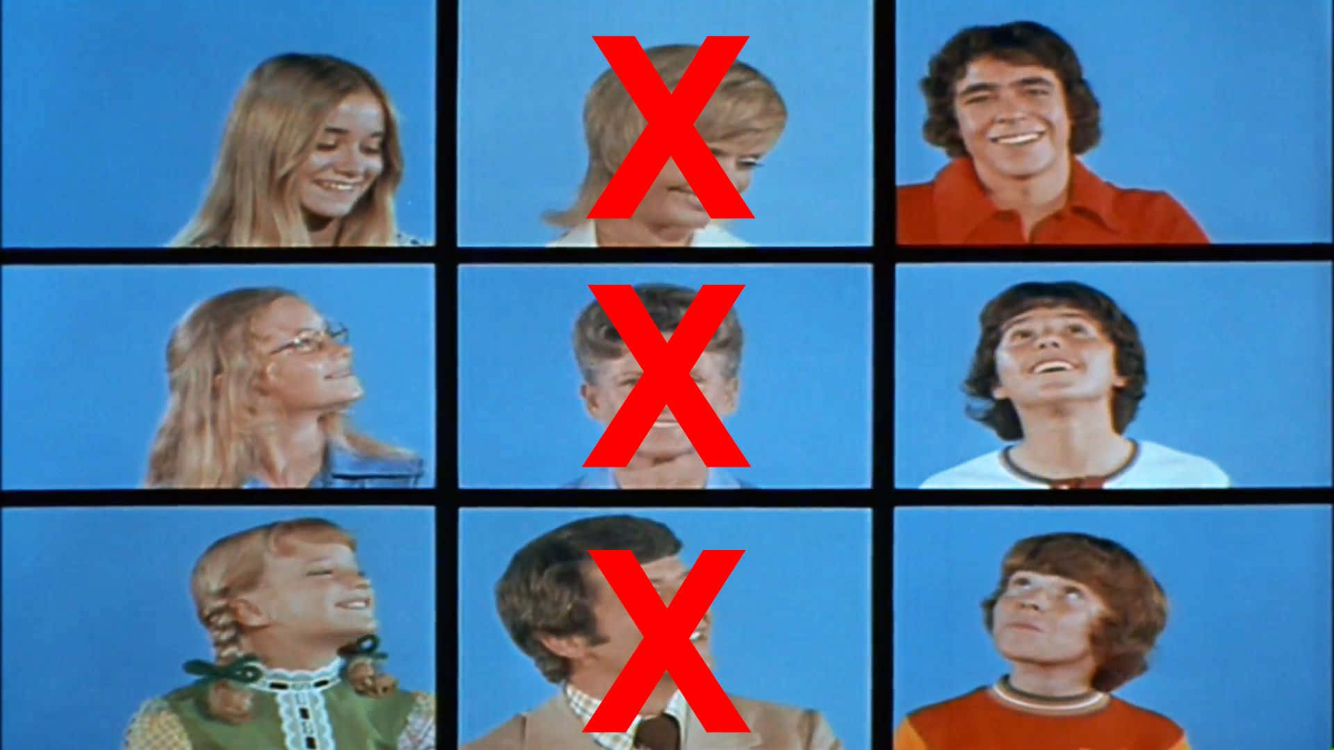 Brady Bunch, vintage TV game show grid, nine smiling 1970s contestants, Full HD Desktop Wallpaper