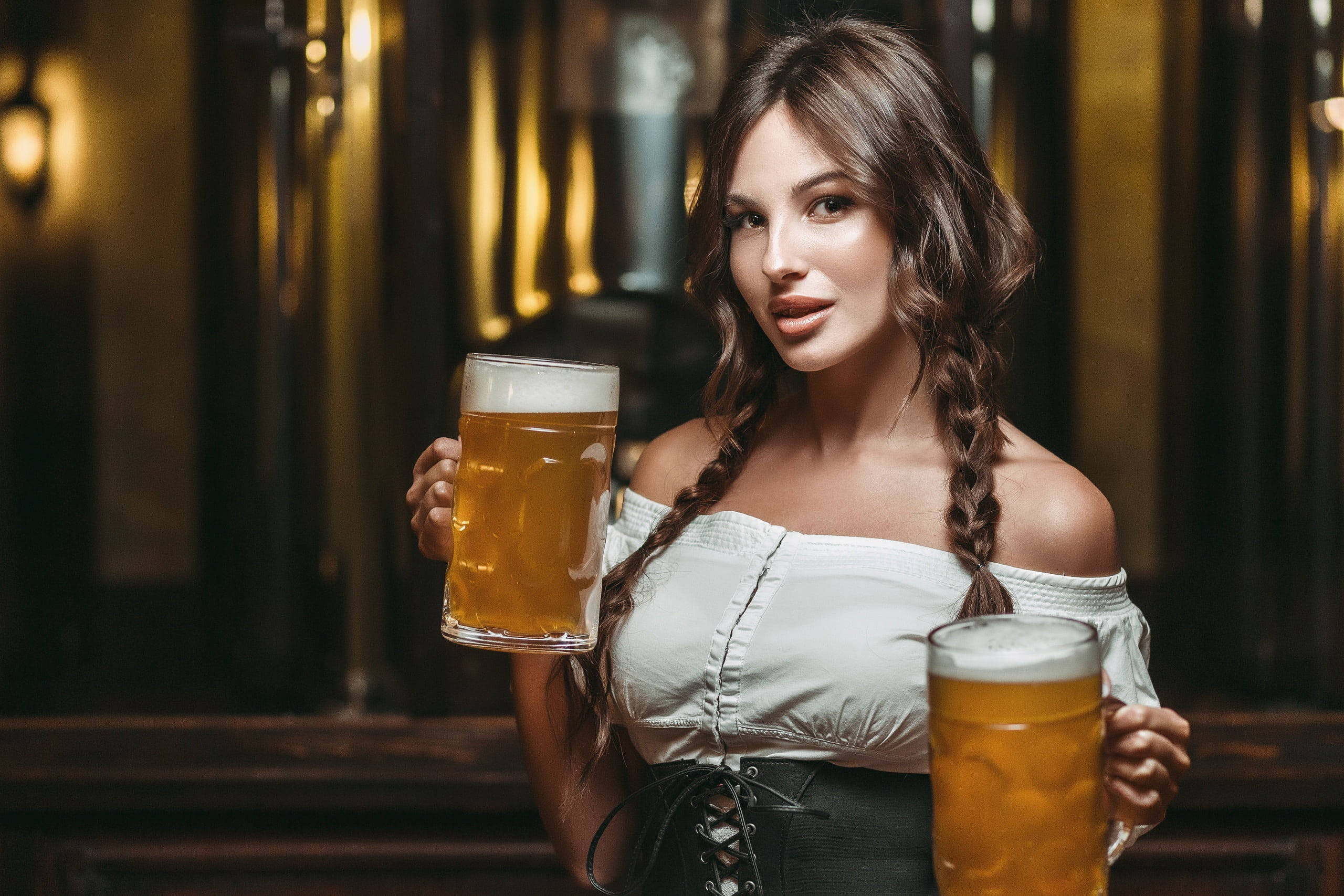 bar waitress with braids, frothy beer mugs, warmly lit brewery, 2K Desktop Wallpaper