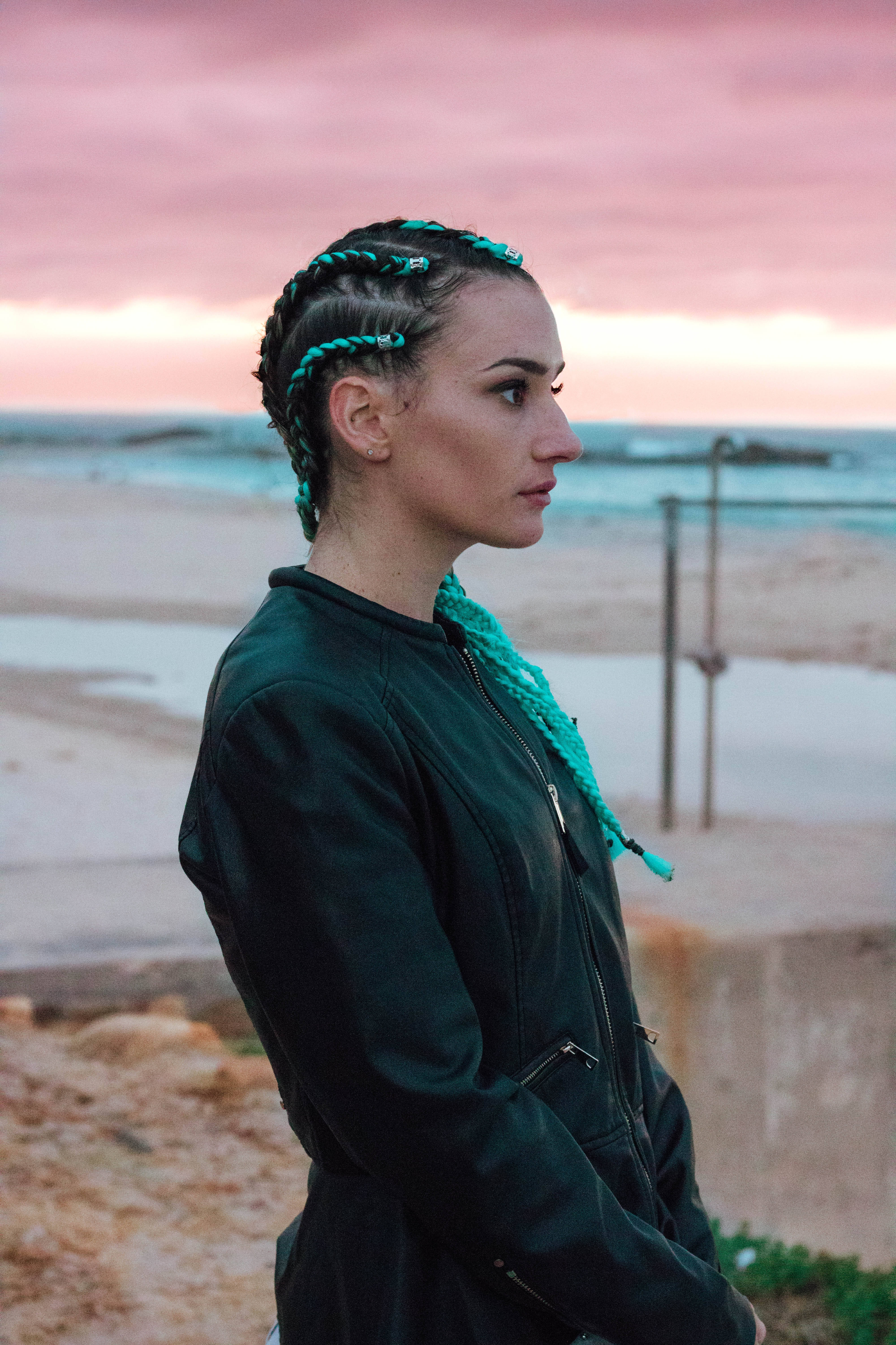 teal braids, black jacket, pink sunset, 5K Phone Wallpaper