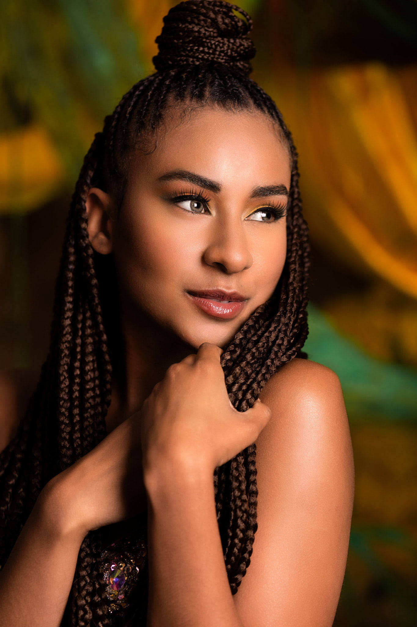 braids bun, top knot, long braided hair, Full HD Phone Wallpaper