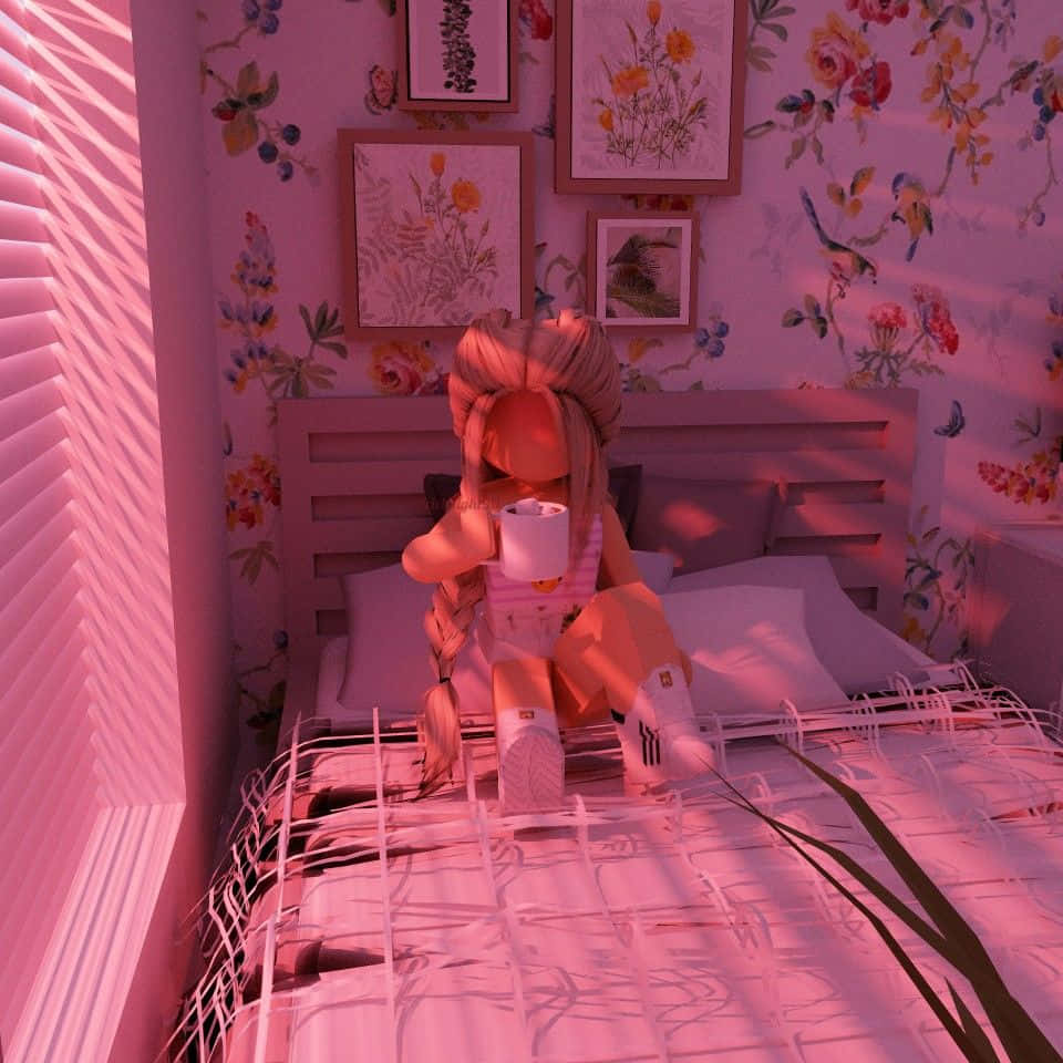Roblox-style girl, pink-hued room, floral wallpaper, SD Desktop Wallpaper