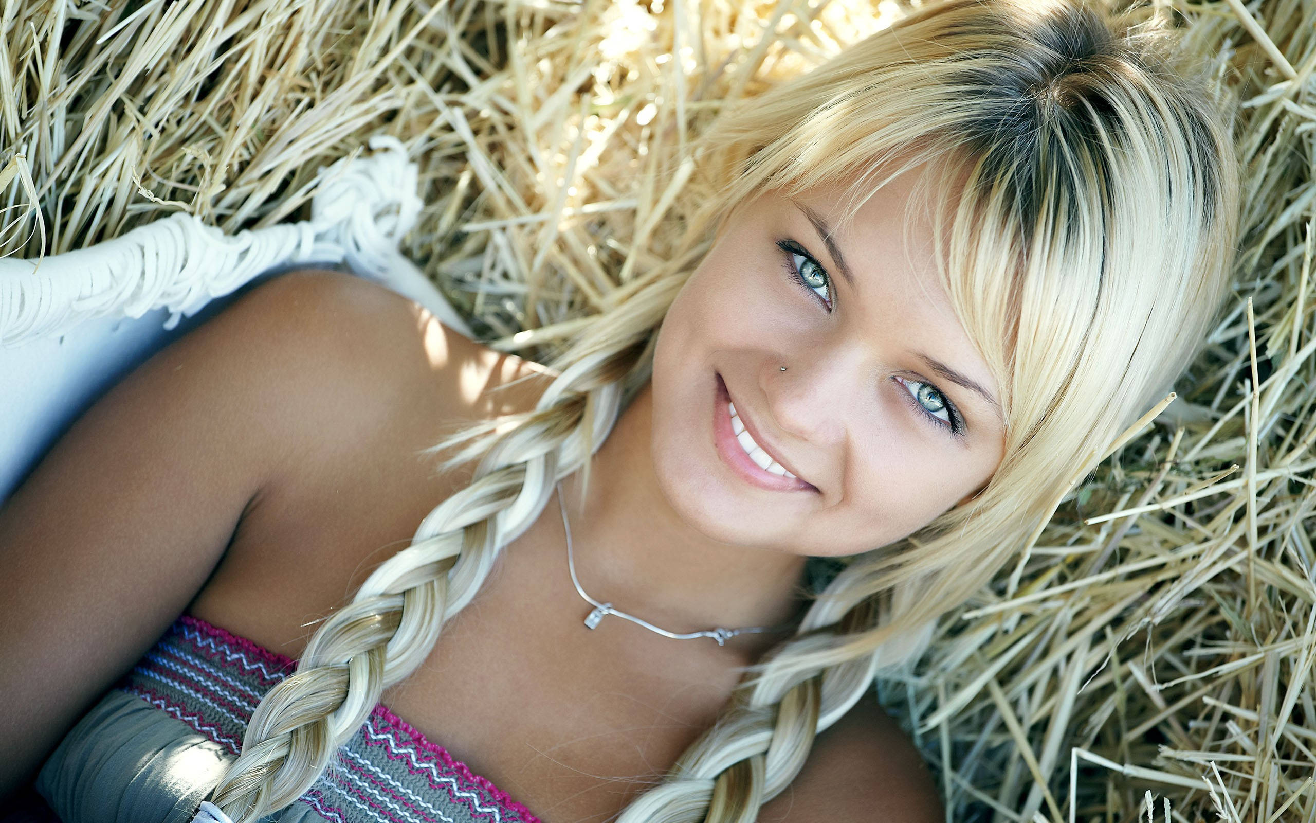 blonde woman, braided hair, golden hay bales, 2K Desktop Wallpaper
