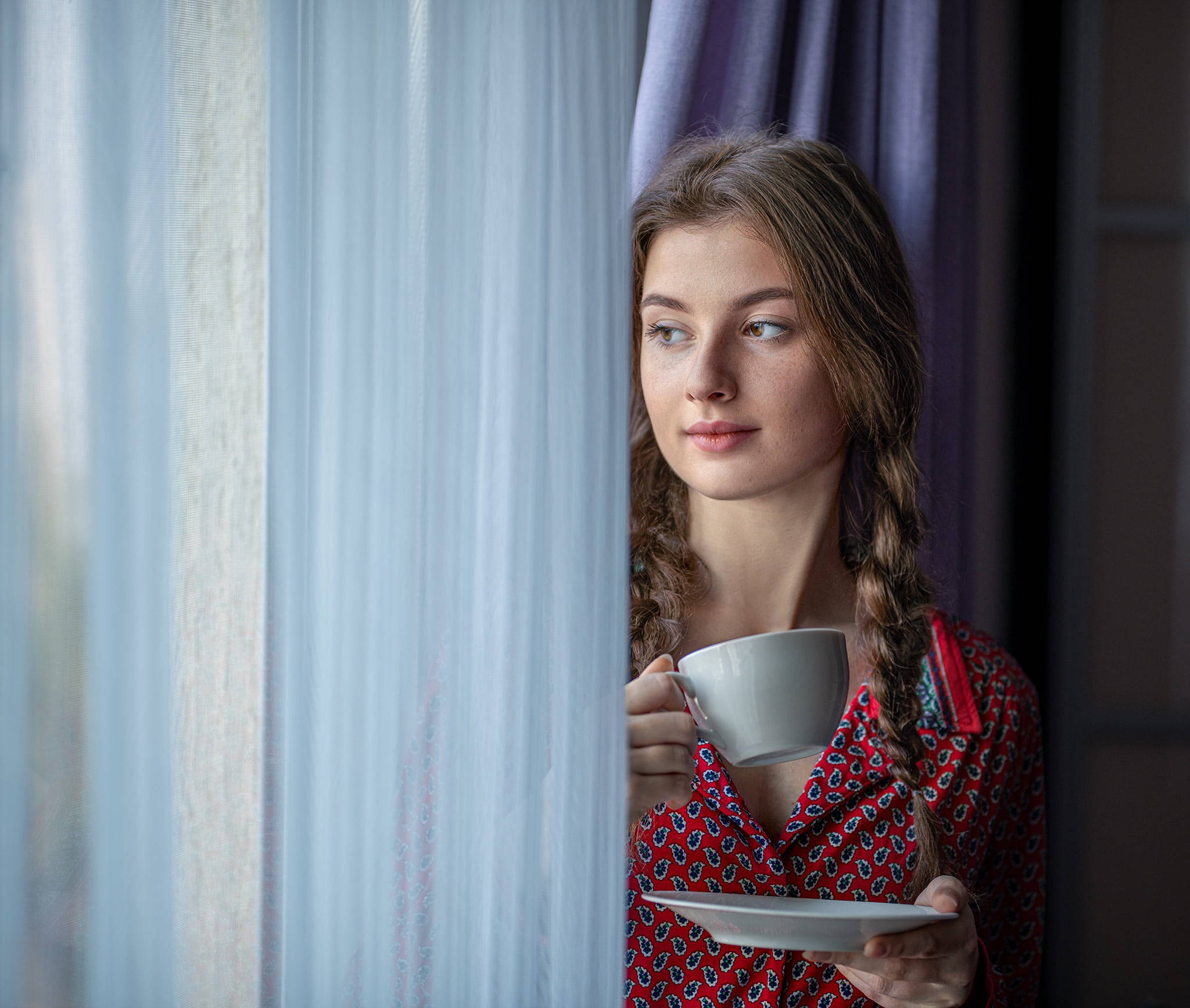teacup, braids, red patterned pajamas, Full HD Desktop Wallpaper