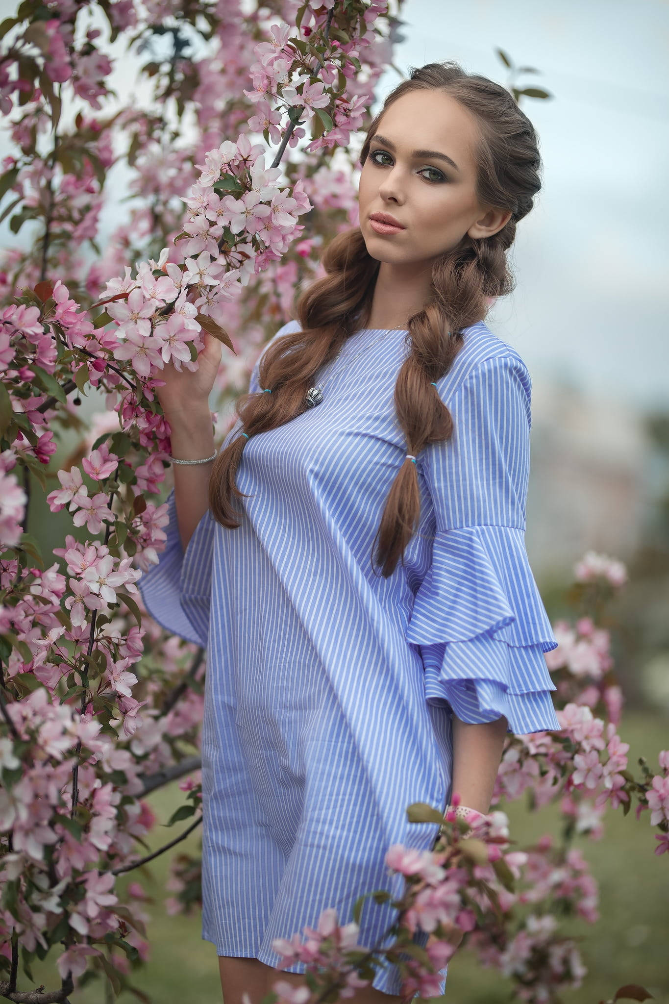 Braids And Flowers, blue striped dress, pink cherry blossoms, Full HD Phone Wallpaper