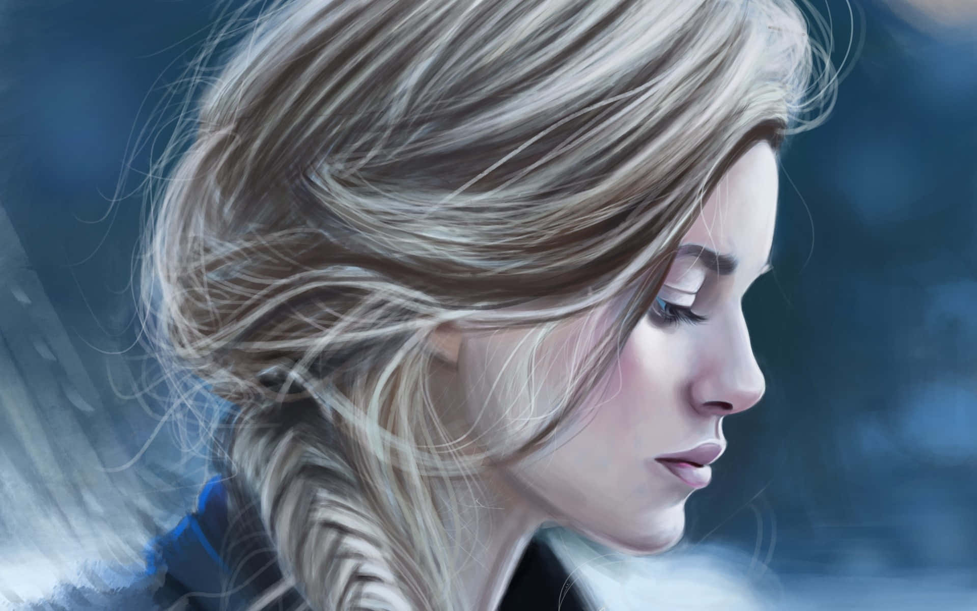 blonde woman, braided hair, soft blue blurred background, HD Desktop Wallpaper