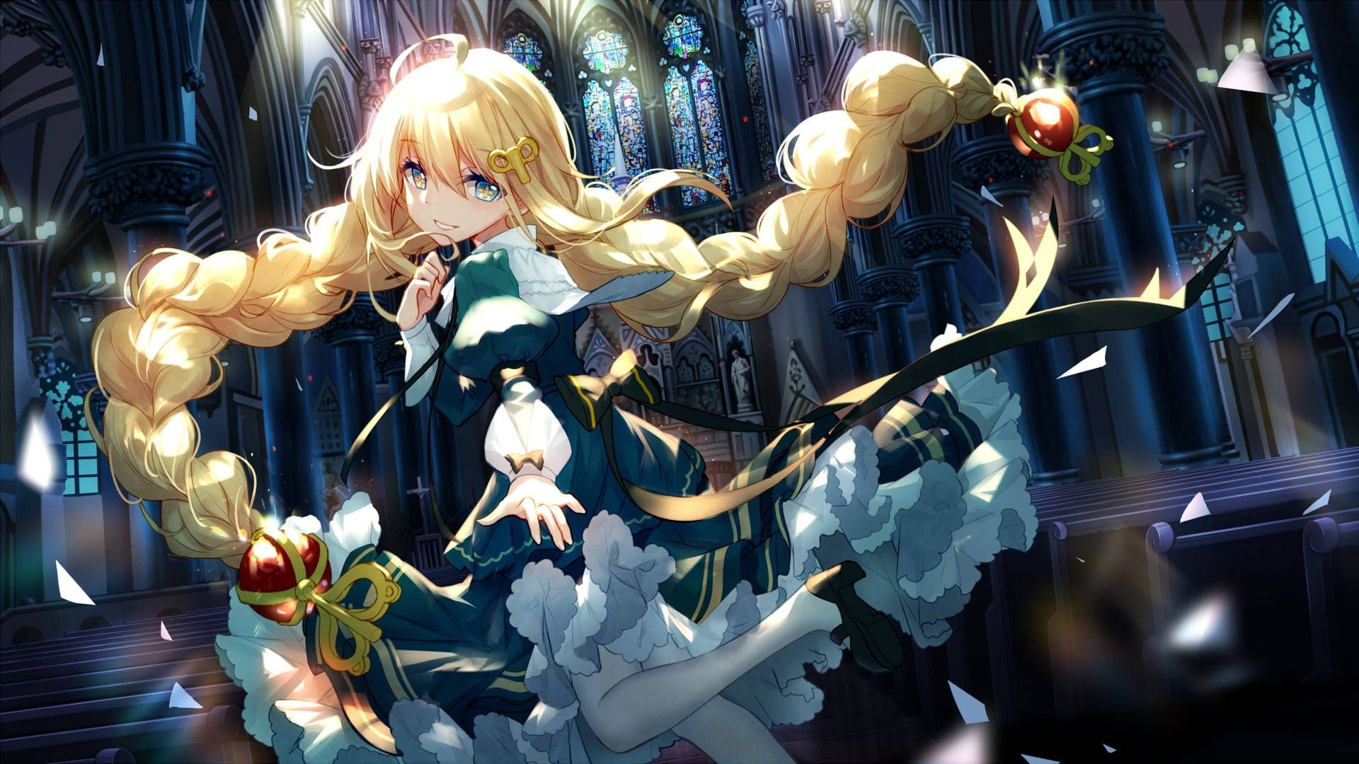blonde anime girl, dark blue dress, grand cathedral, Full HD Desktop Wallpaper
