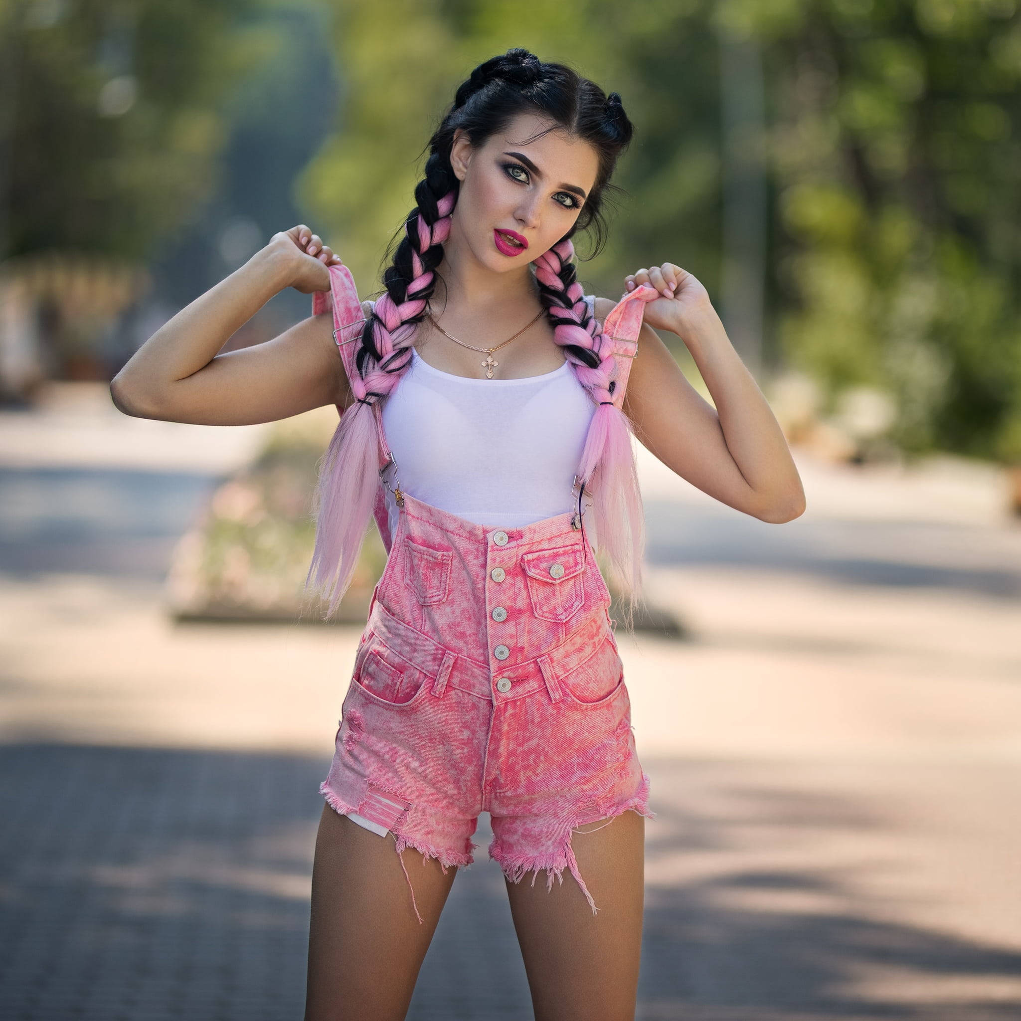 pink braids, pink denim overalls, sunlit park, Full HD Desktop Wallpaper