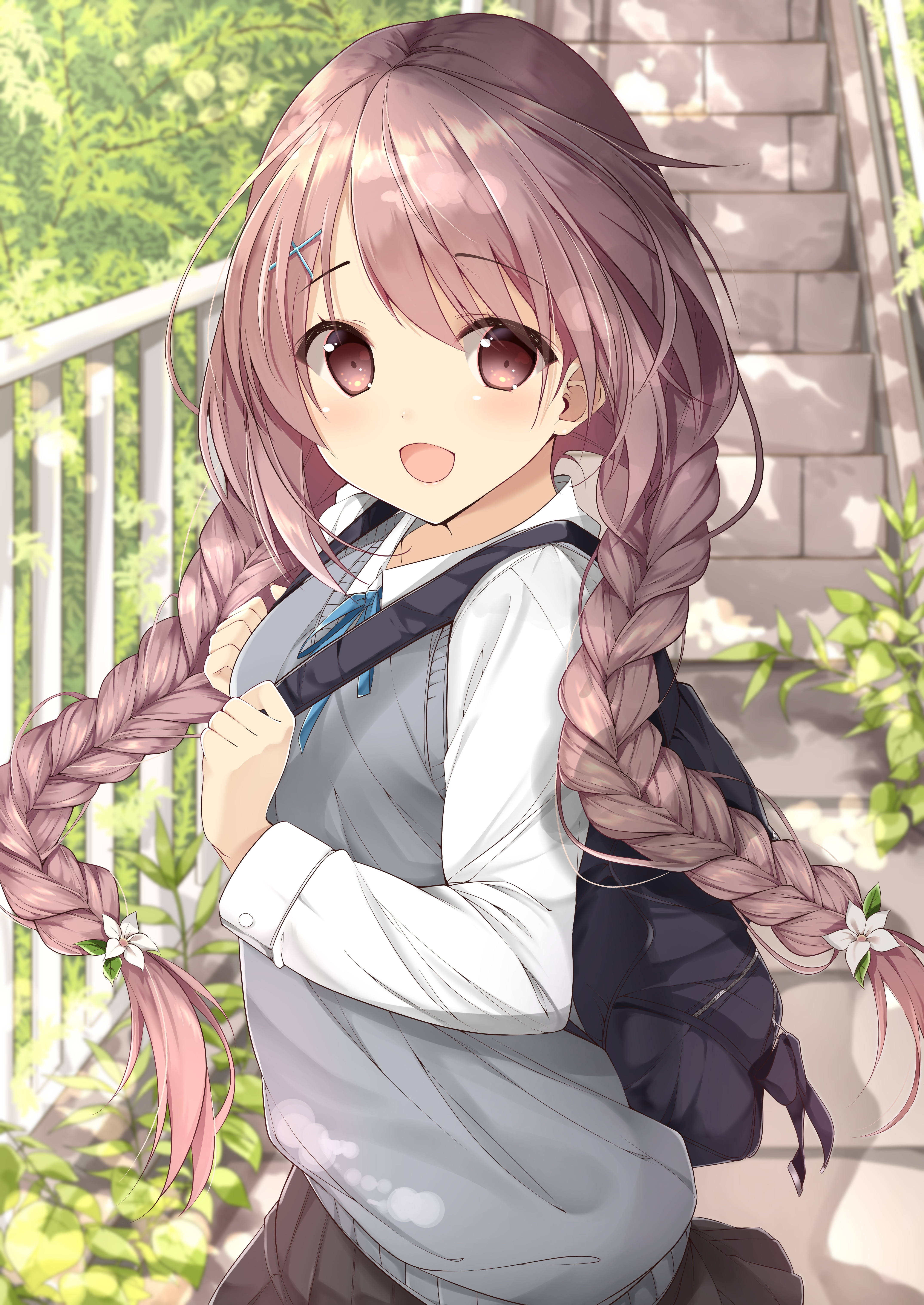 anime girl, pink braided hair, school uniform, 5K Phone Wallpaper